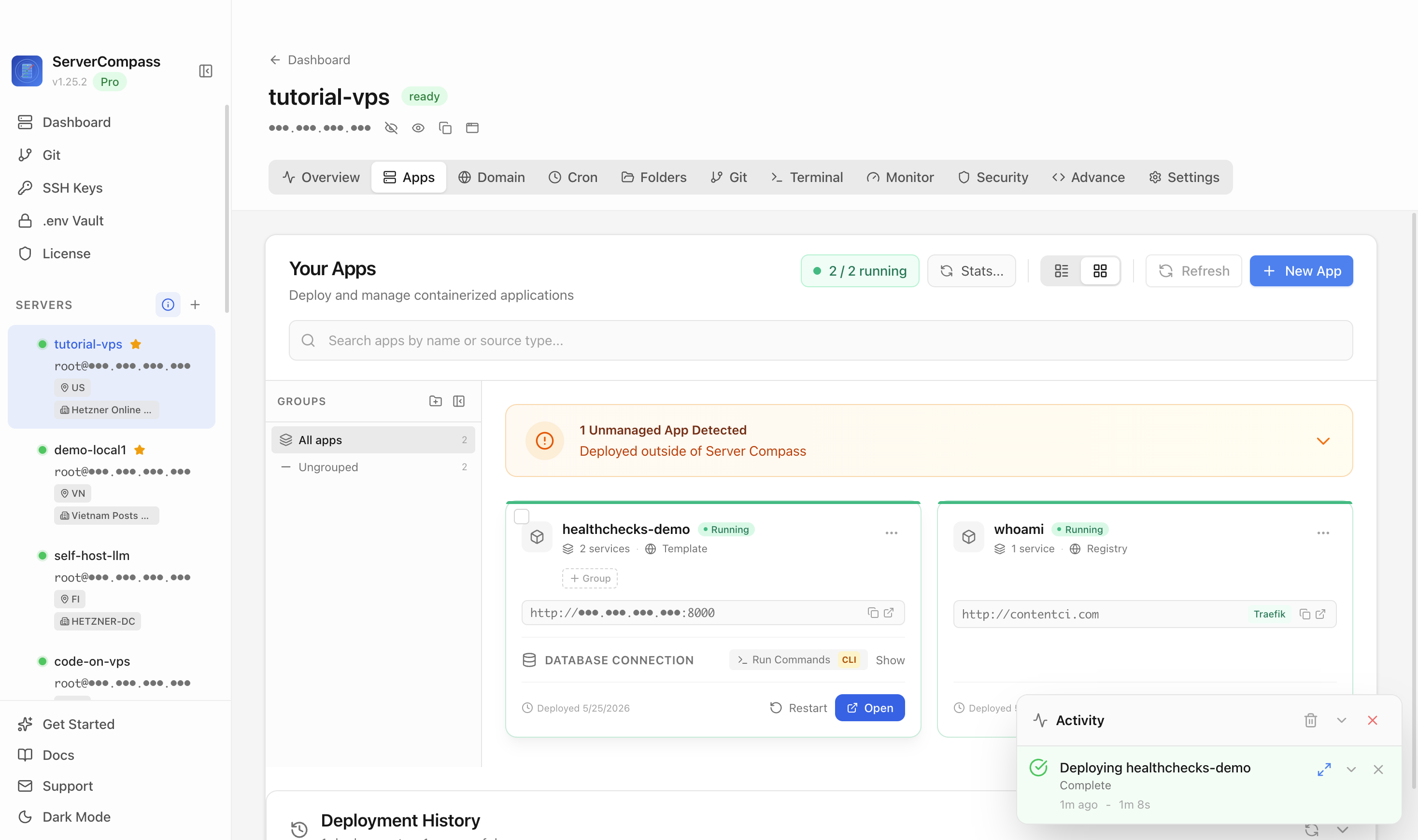 Healthchecks template running in the Server Compass Apps tab