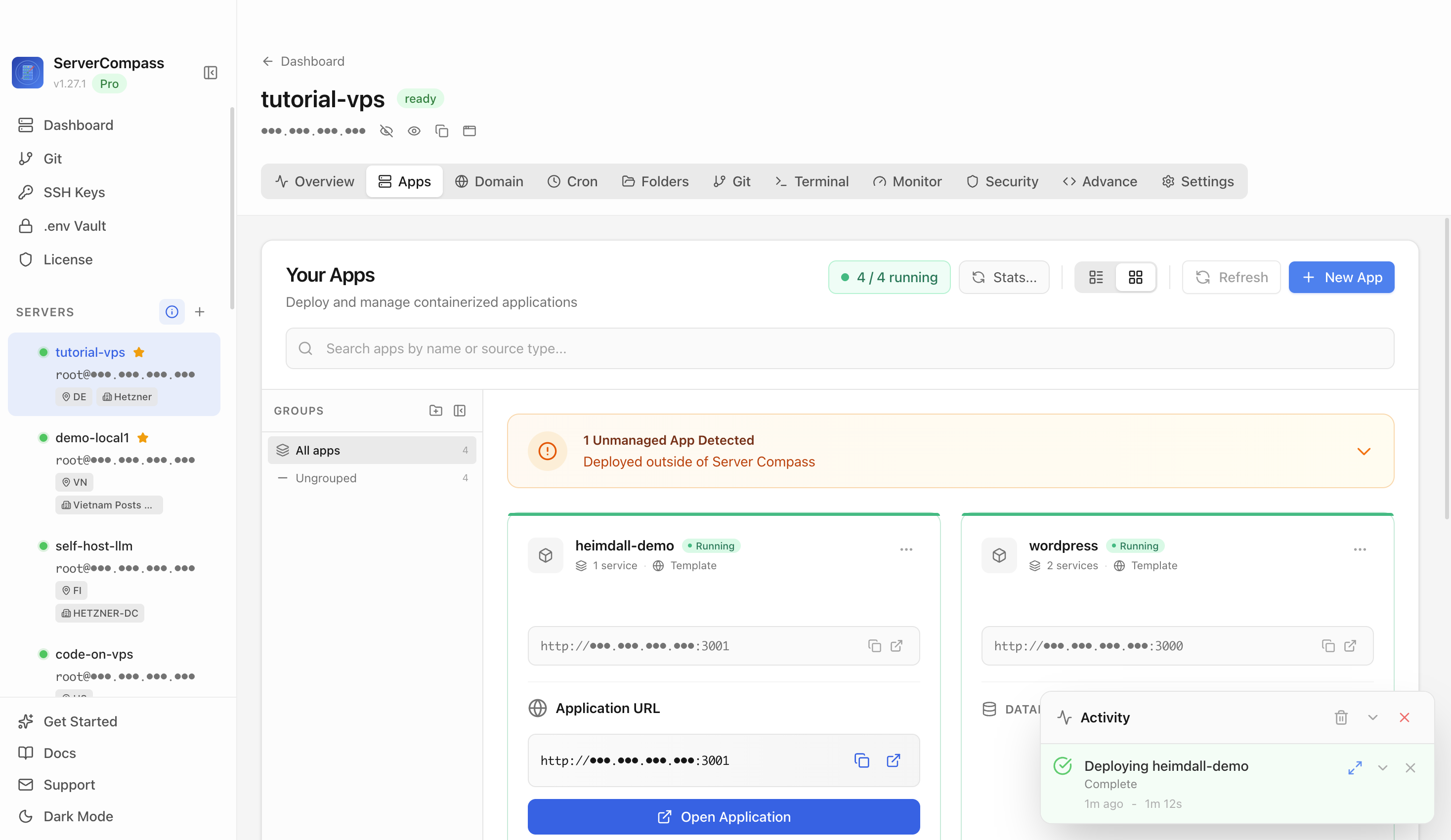 Heimdall template running in the Server Compass Apps tab