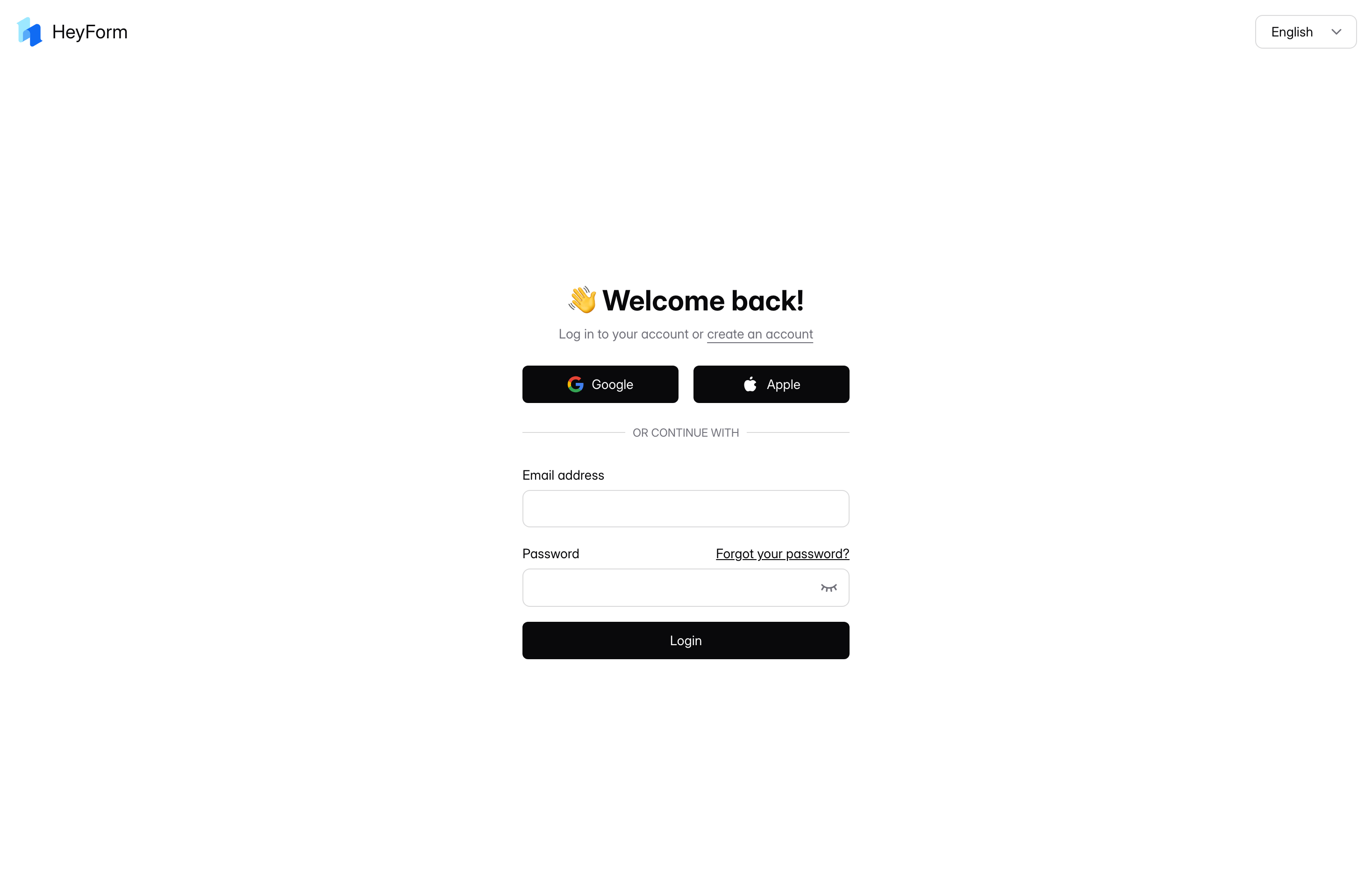 The deployed HeyForm web UI loaded in a browser