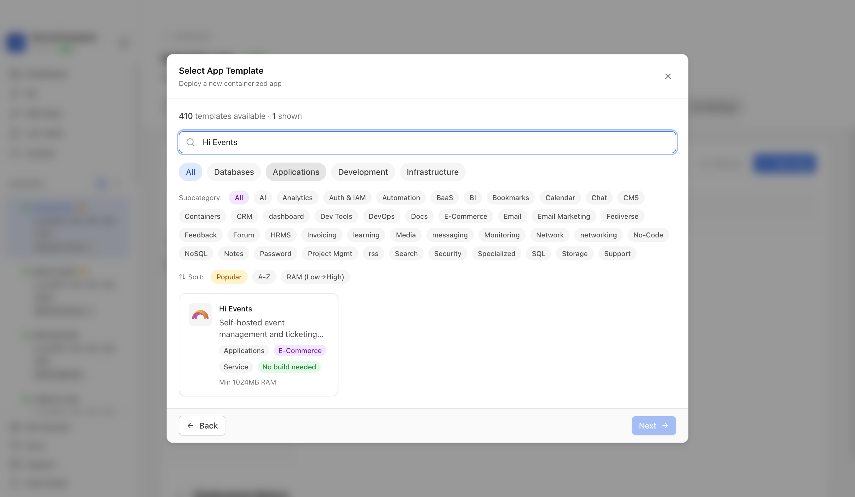 Searching for Hi Events in the Server Compass template picker