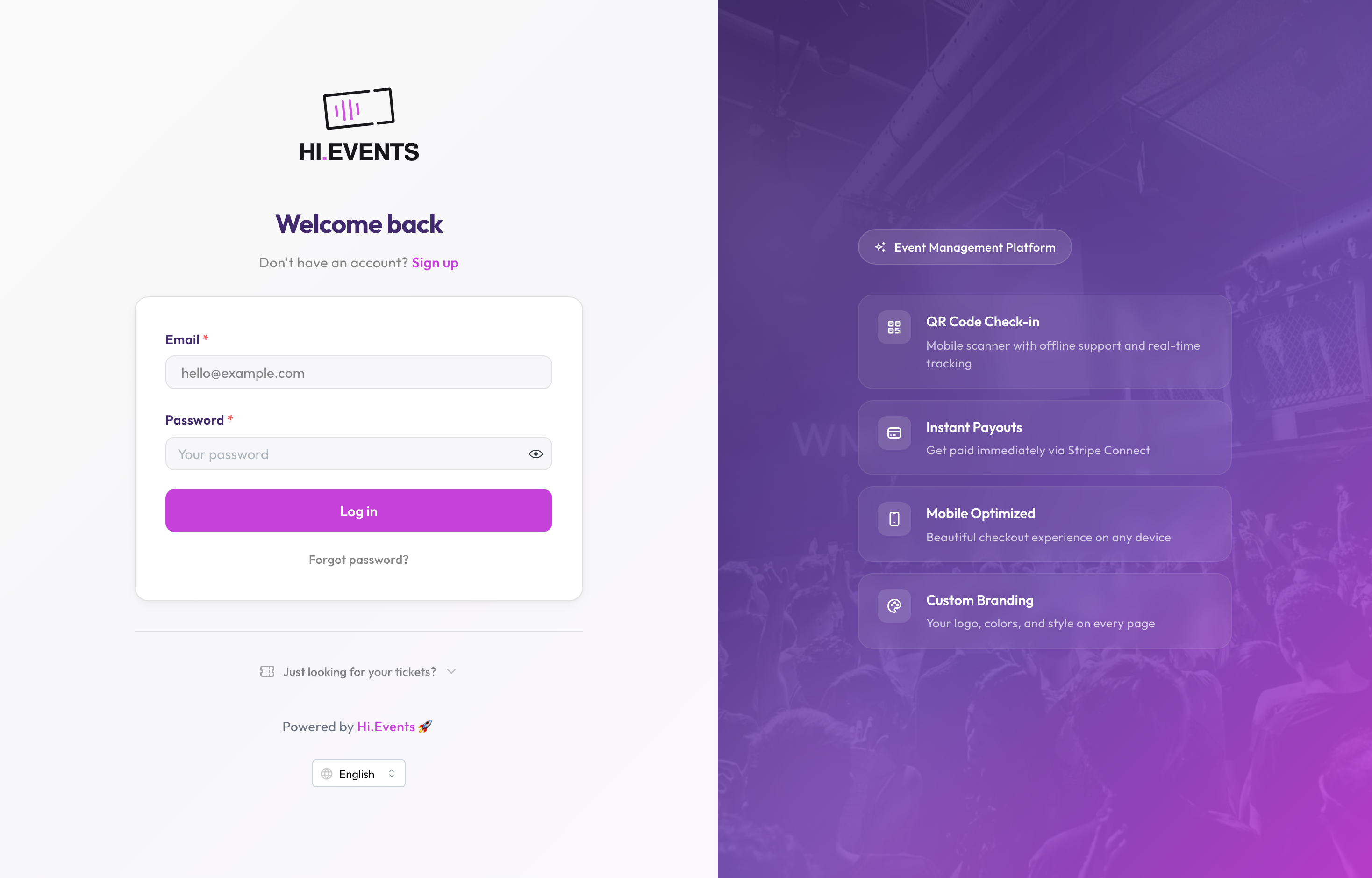 The deployed Hi Events web UI loaded in a browser