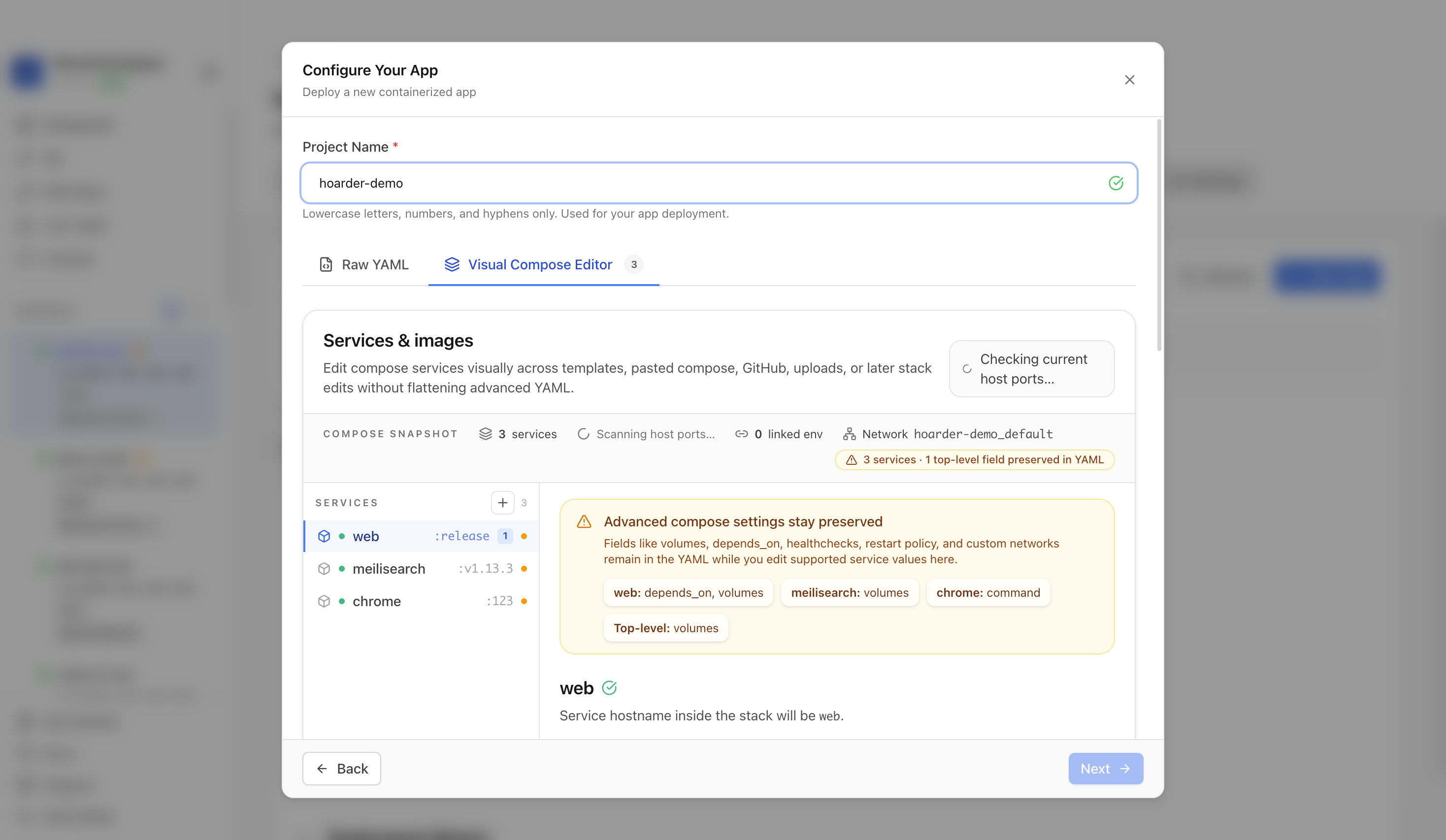Reviewing Hoarder project settings and compose service