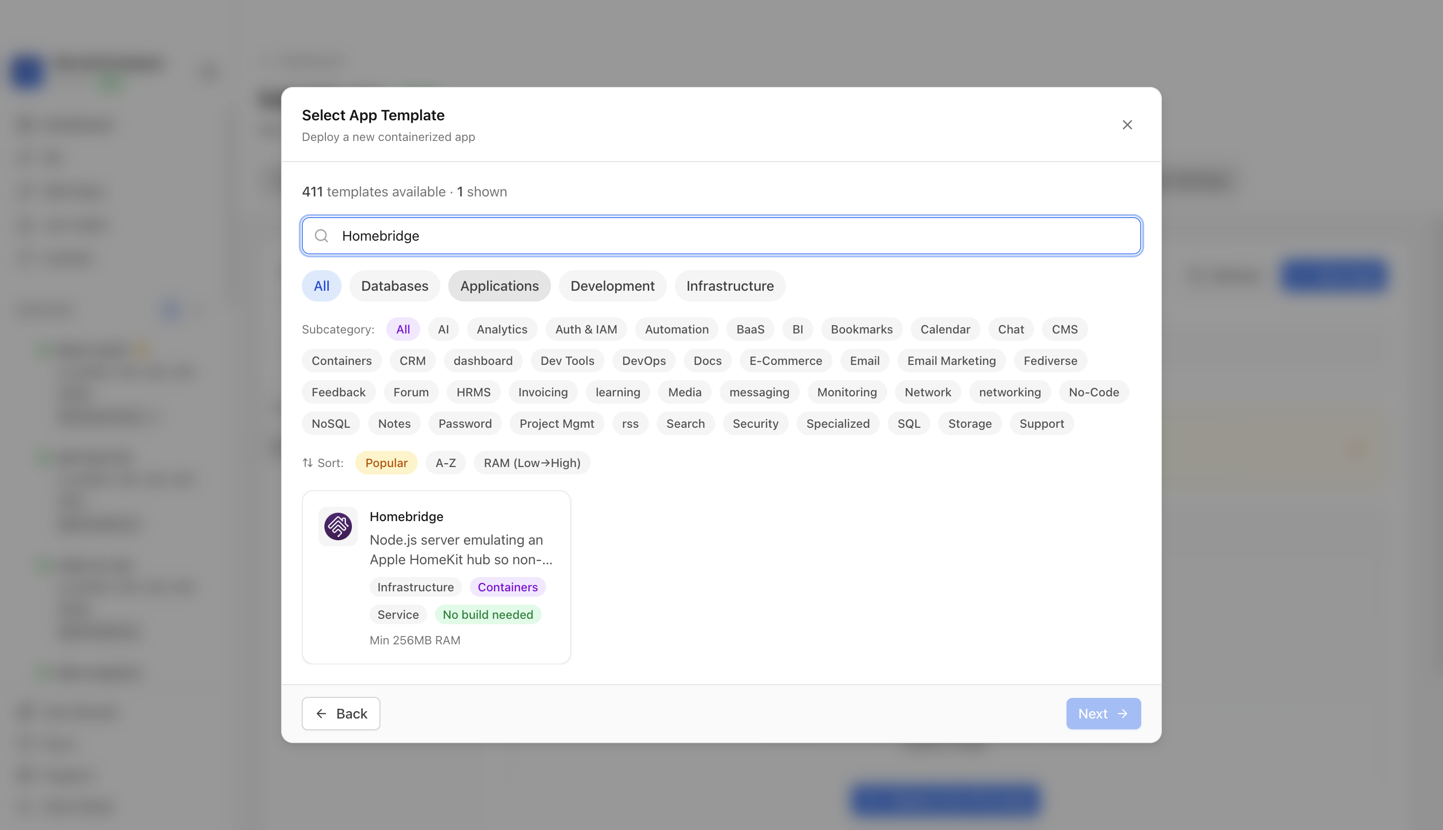 Searching for Homebridge in the Server Compass template picker