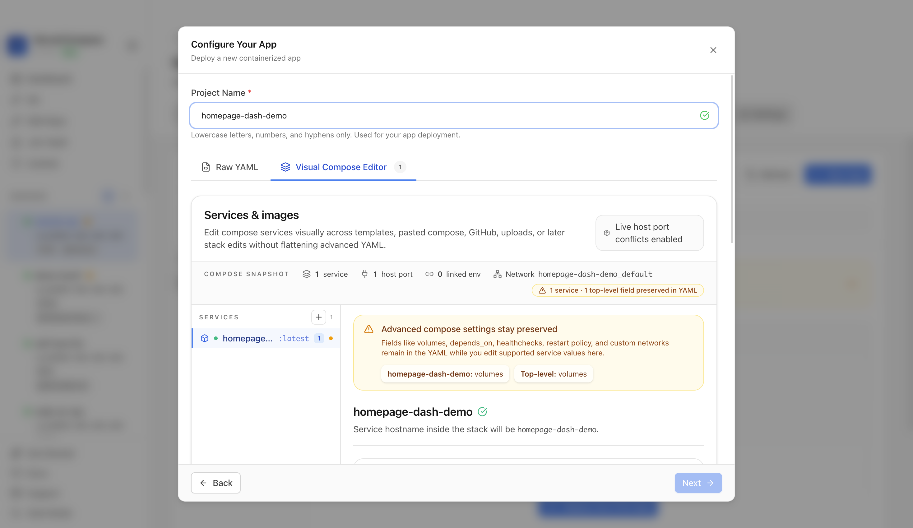 Reviewing Homepage project settings and compose service
