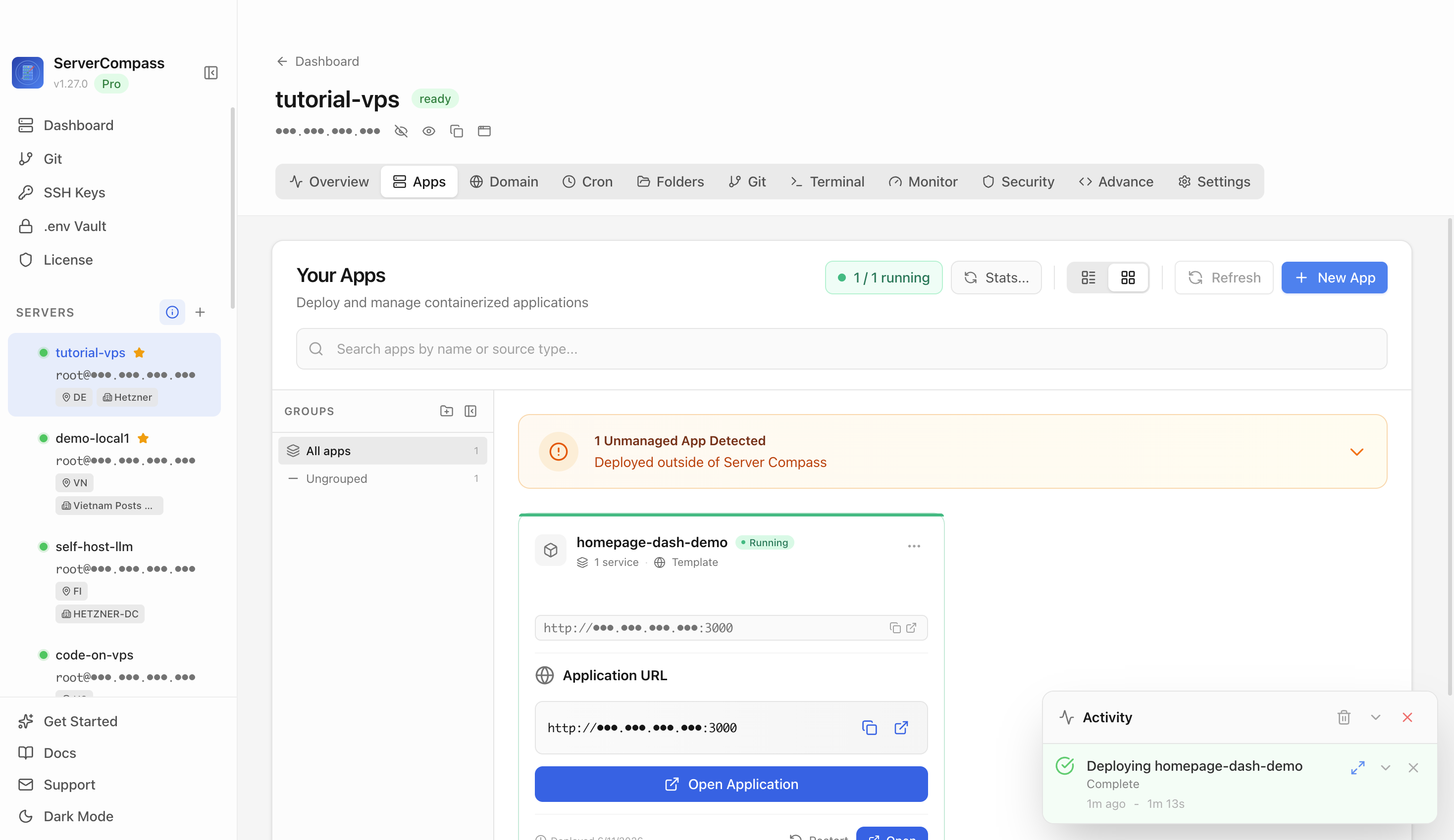 Homepage template running in the Server Compass Apps tab