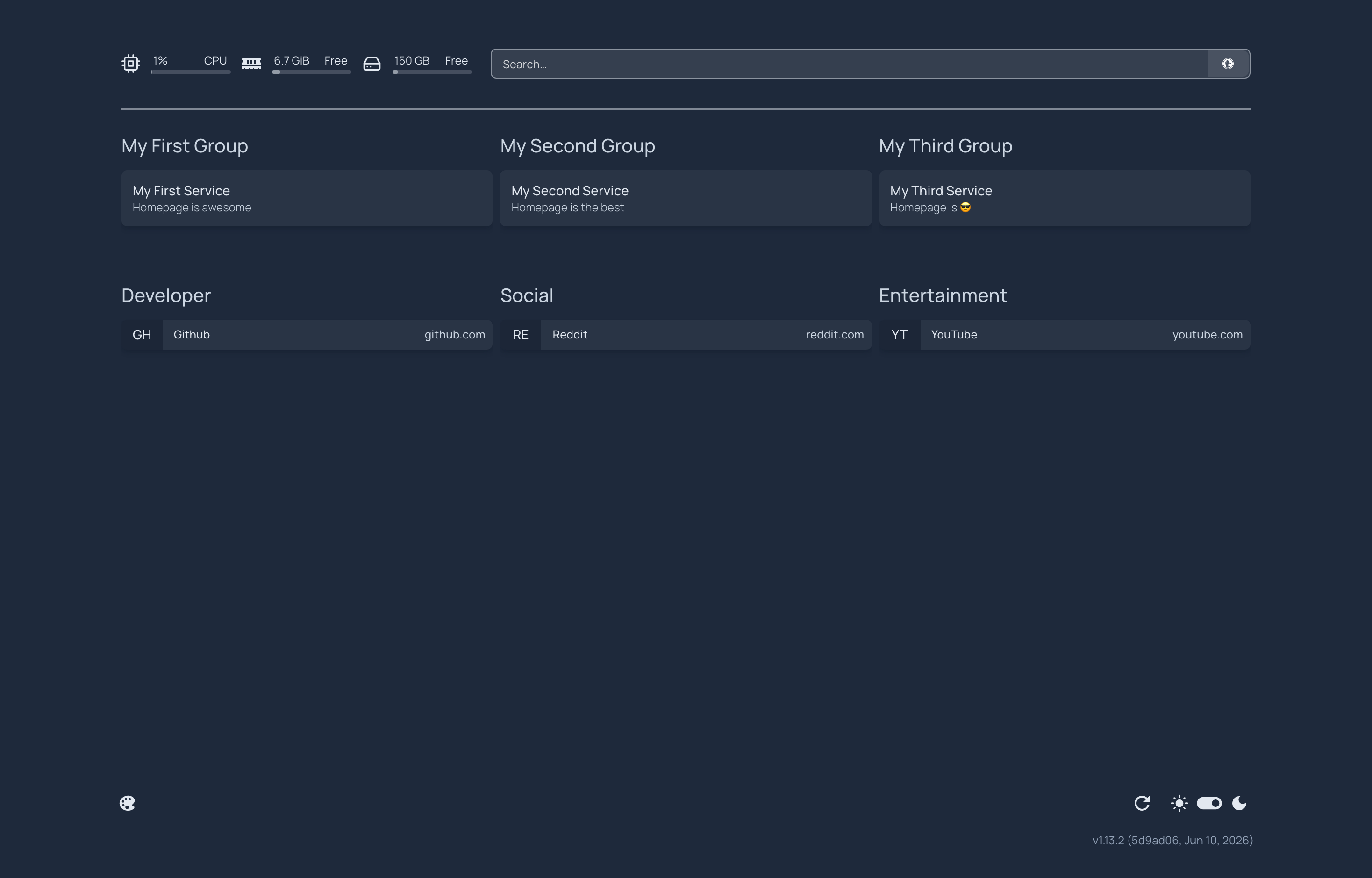 The deployed Homepage web UI loaded in a browser