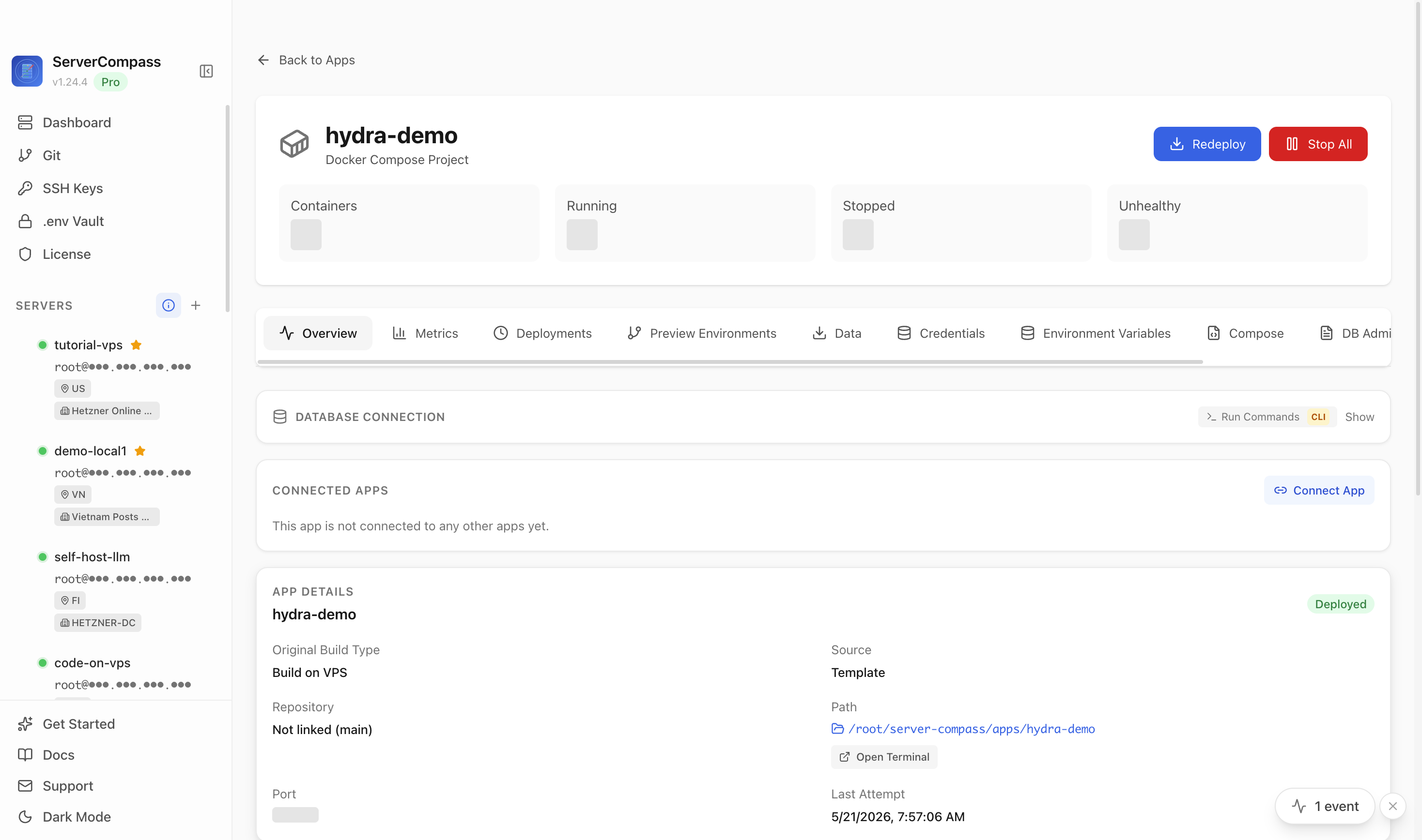 Hydra app detail screen after verifying the deployed database container