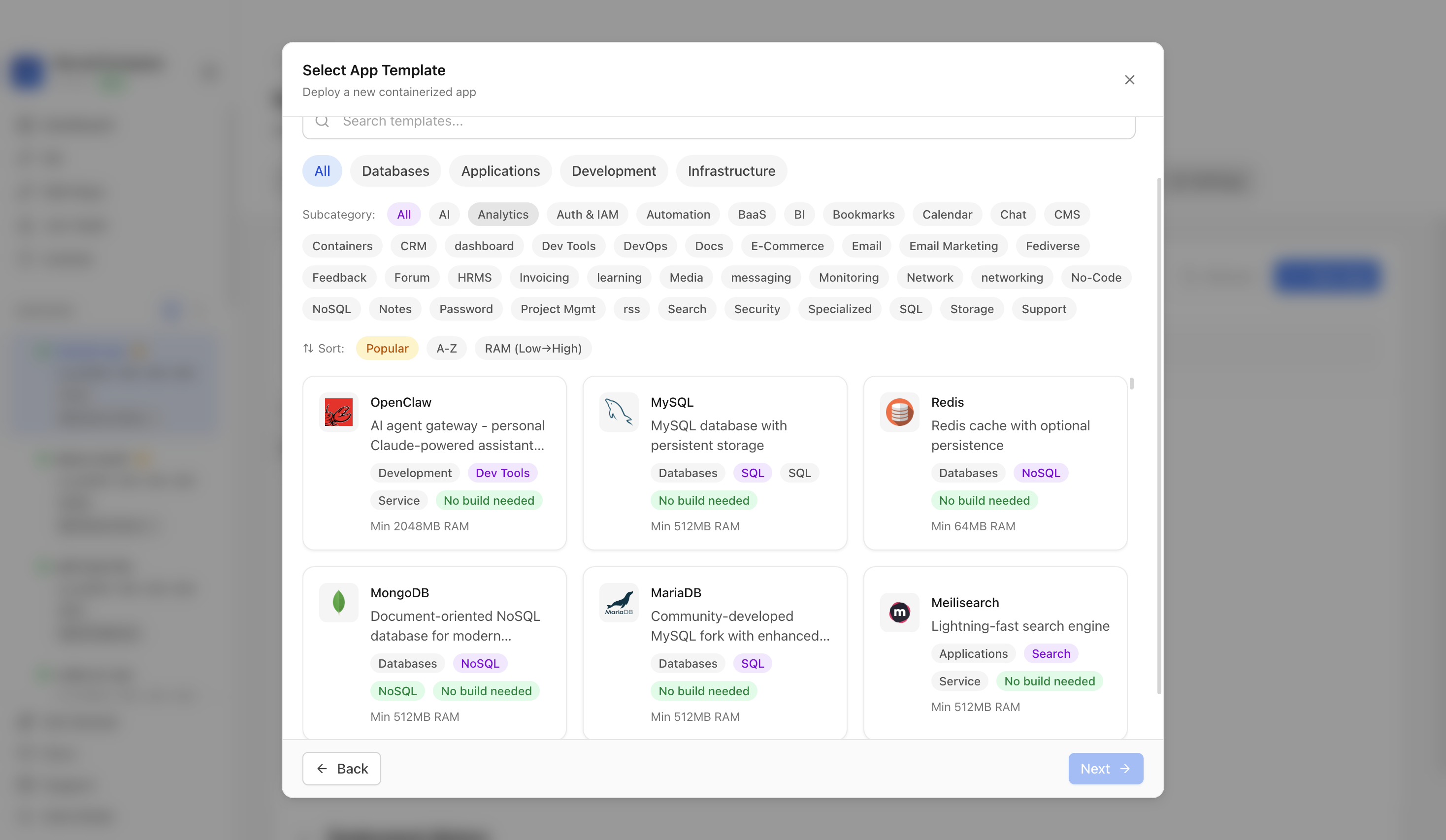 Choosing to deploy an app from a Server Compass template