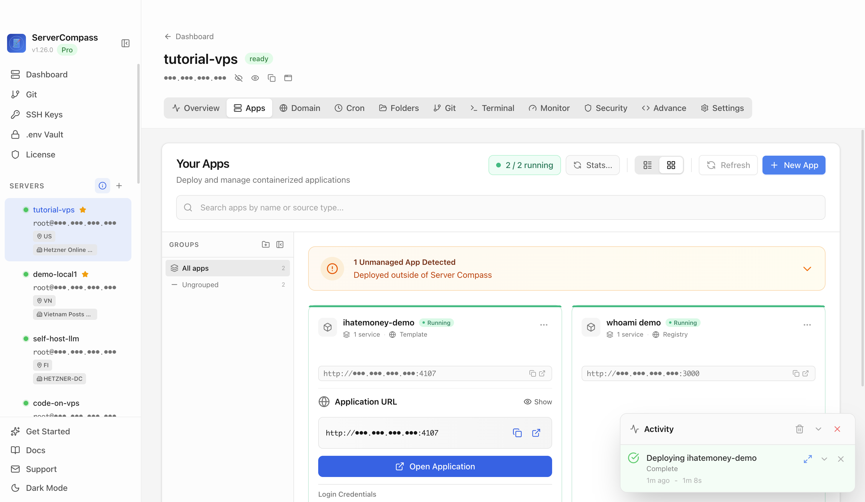 I Hate Money template running in the Server Compass Apps tab