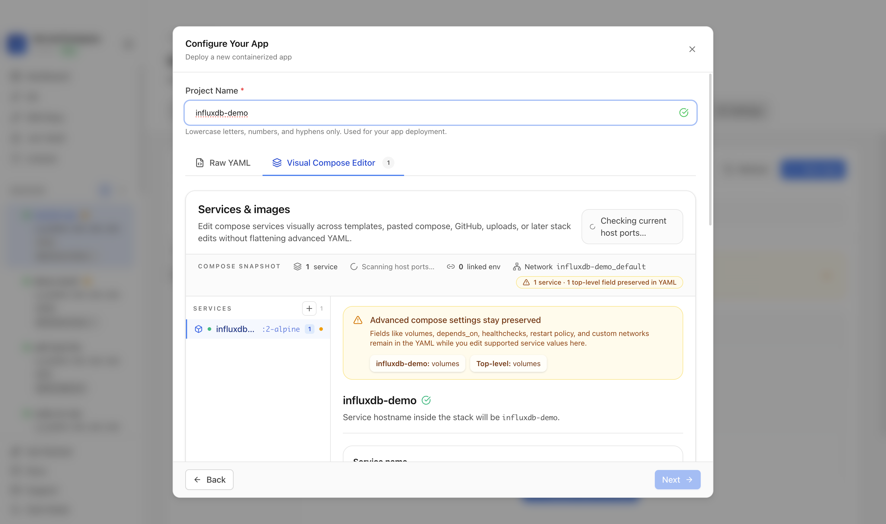 Reviewing InfluxDB project settings and compose services