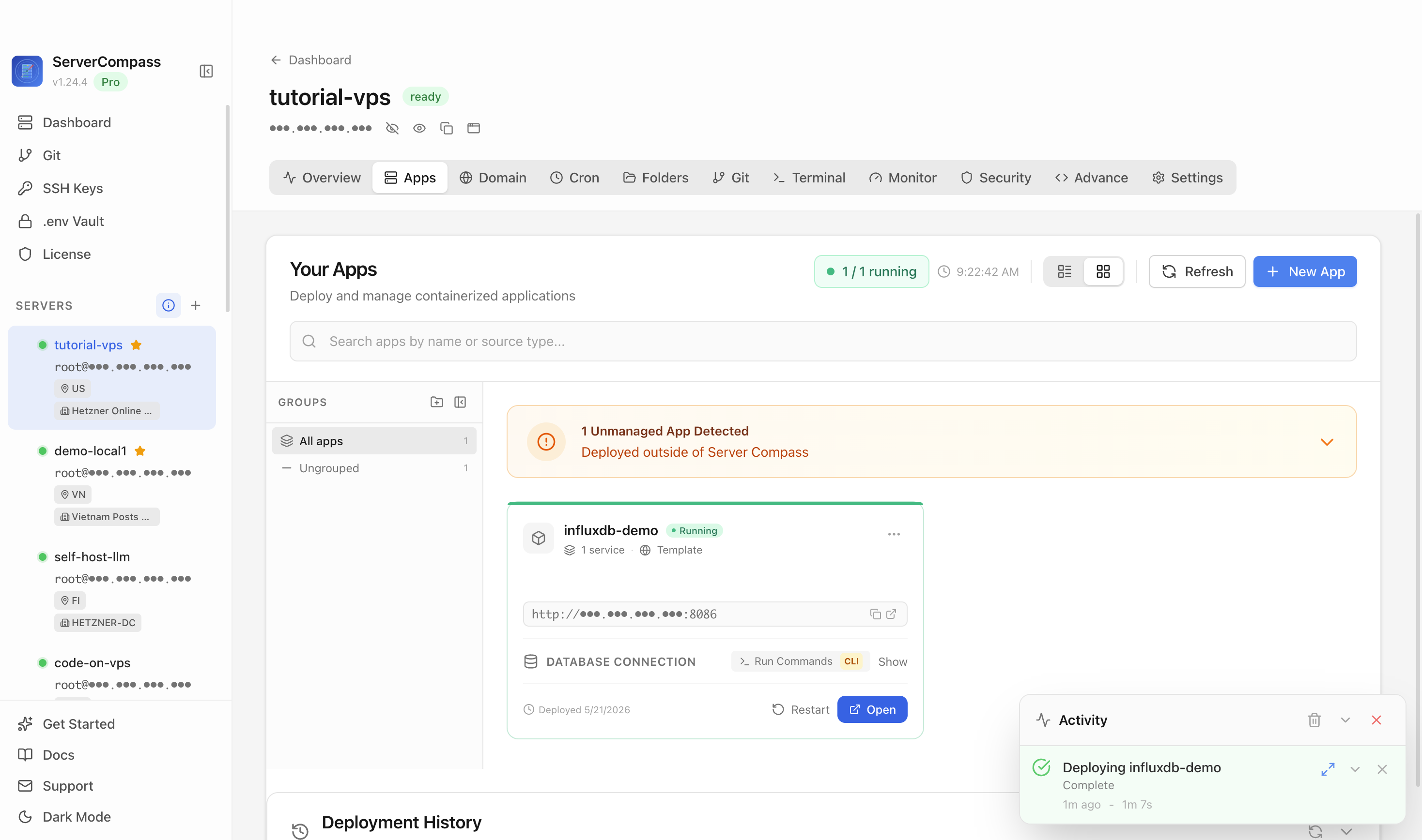 InfluxDB template running in the Server Compass Apps tab