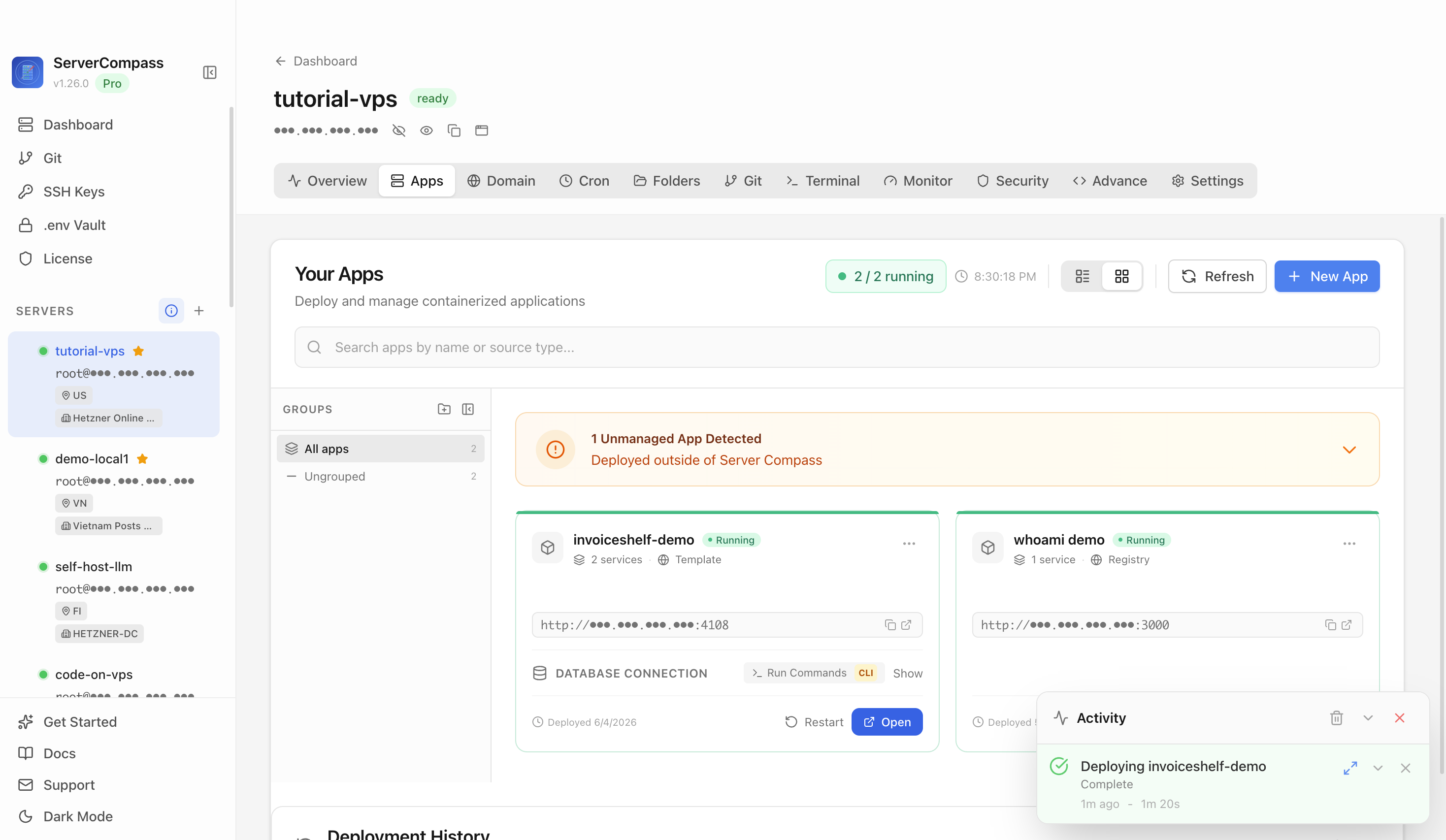InvoiceShelf template running in the Server Compass Apps tab