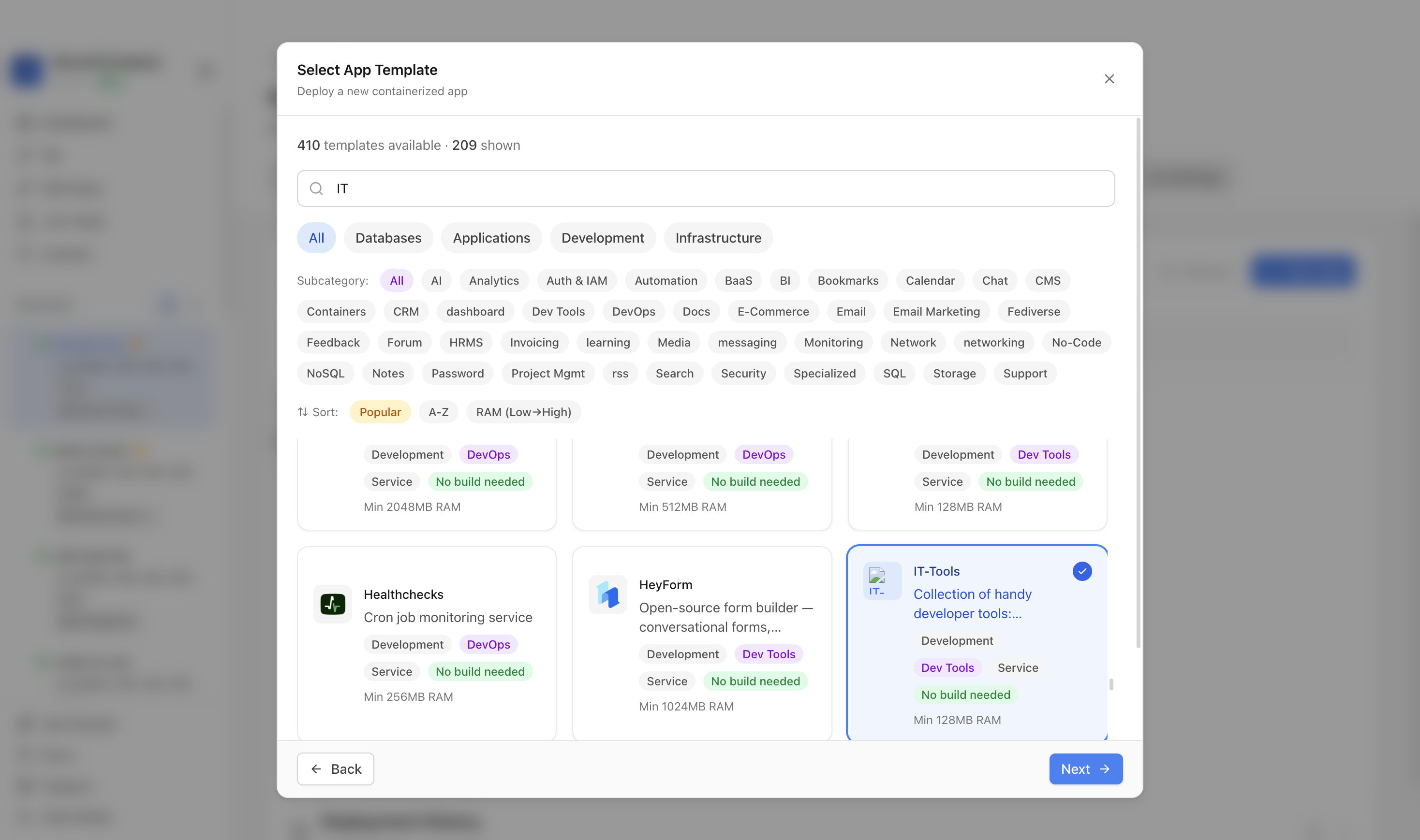 IT Tools template selected in Server Compass