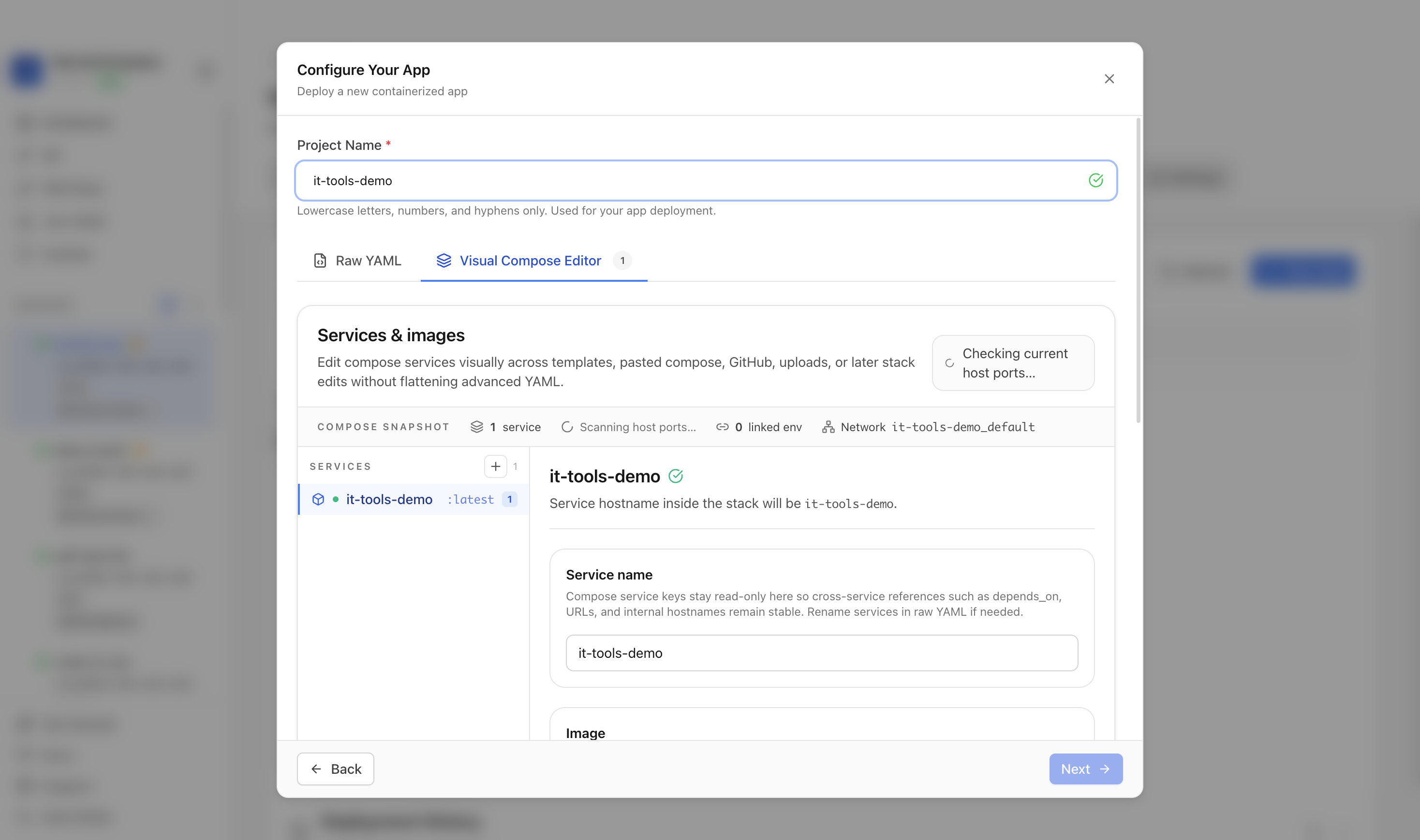 Reviewing IT Tools project settings and compose services