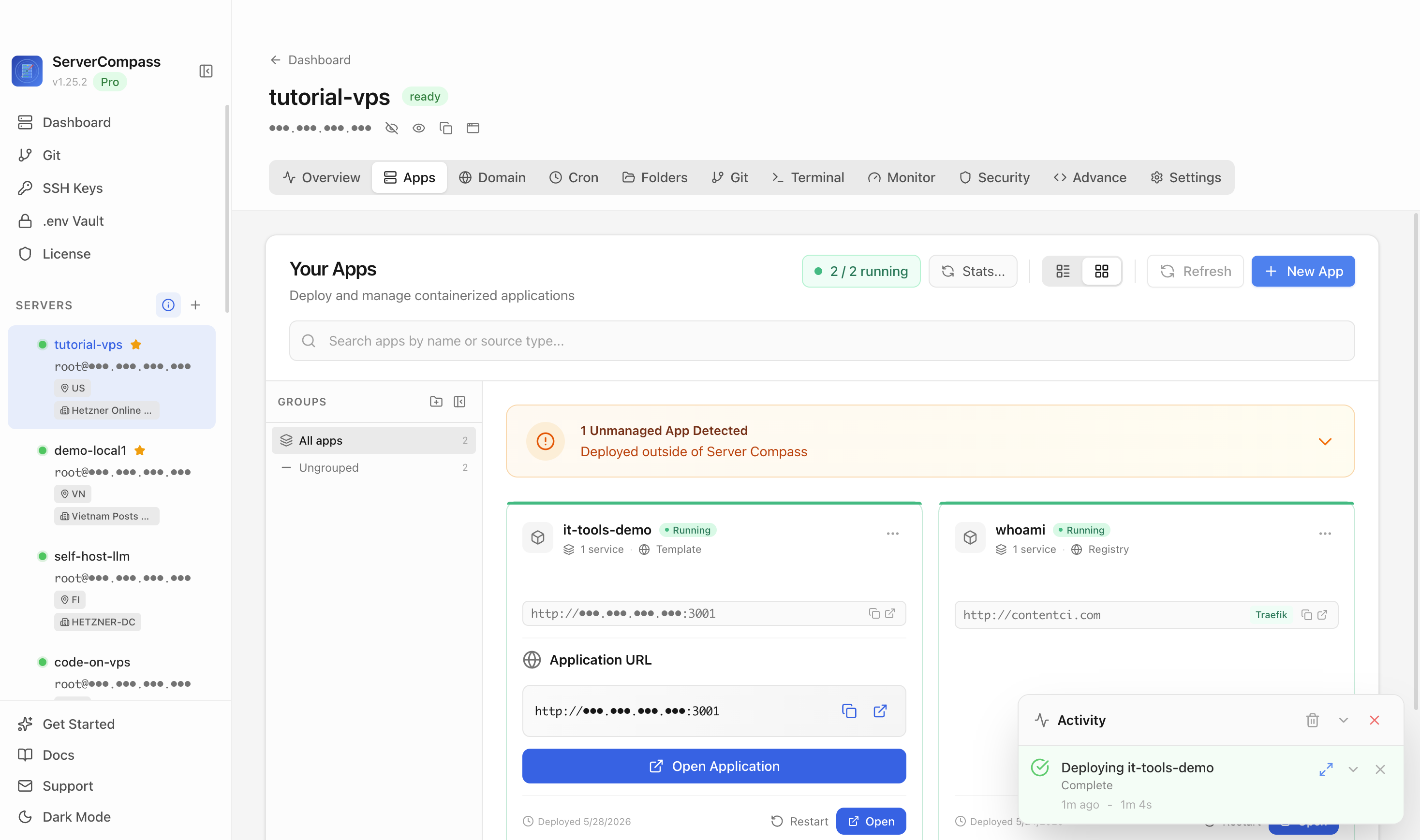 IT Tools template running in the Server Compass Apps tab