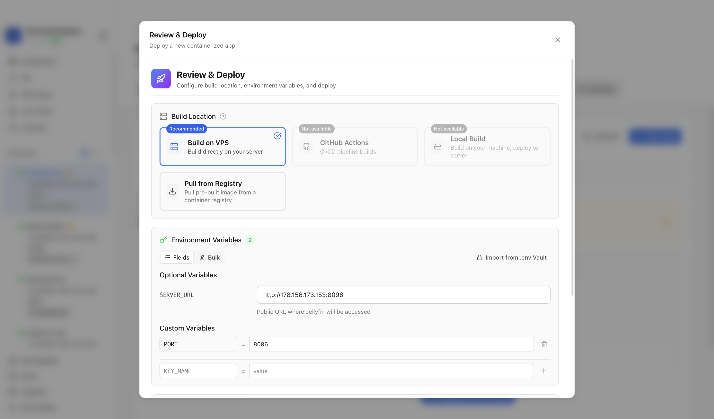 Reviewing Jellyfin server URL and port before deployment