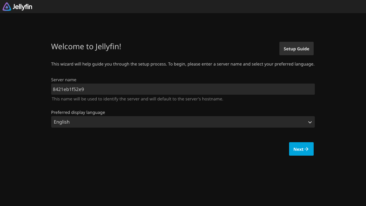 The deployed Jellyfin setup wizard loaded in a browser