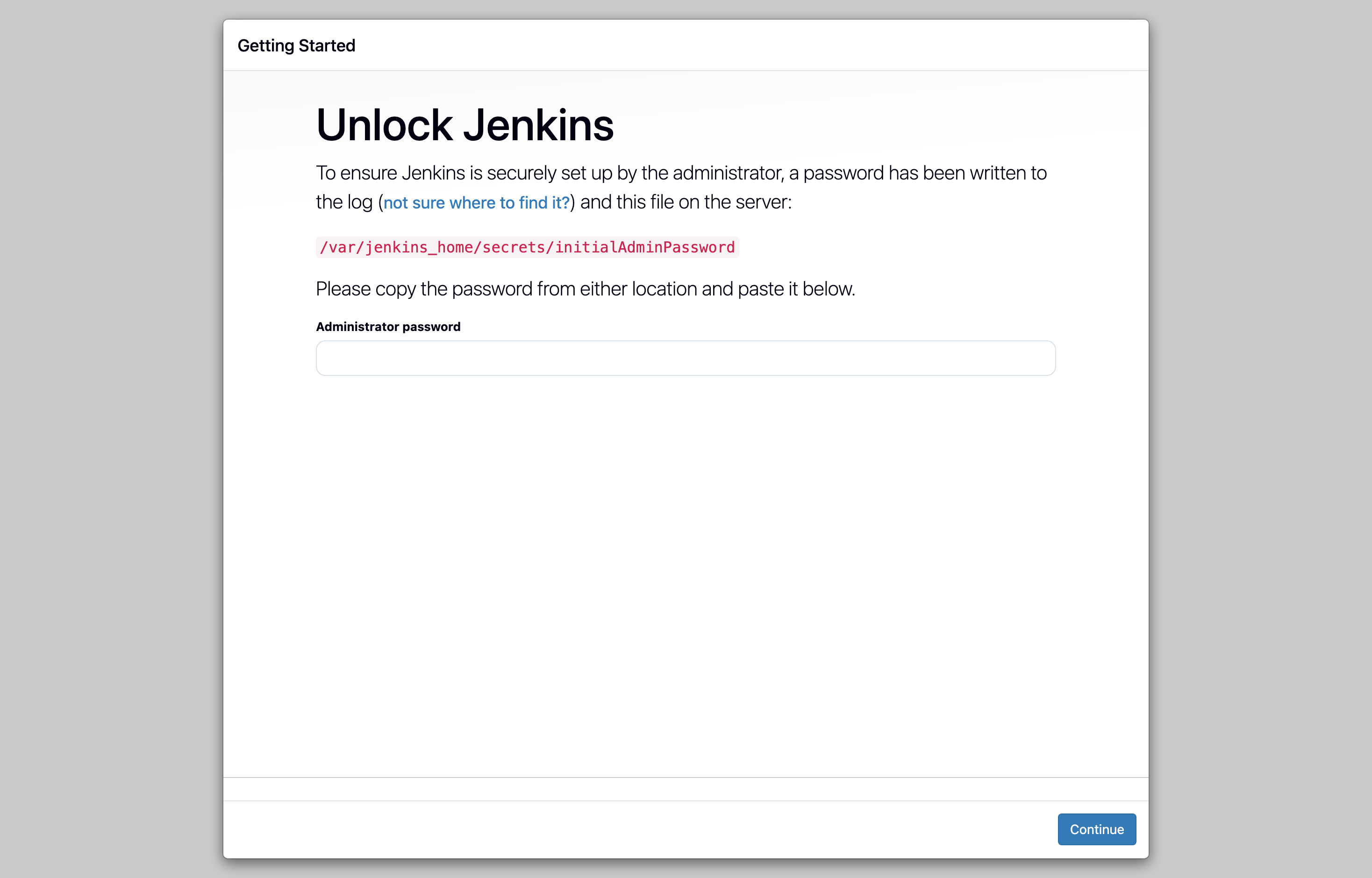 The deployed Jenkins unlock screen loaded in a browser