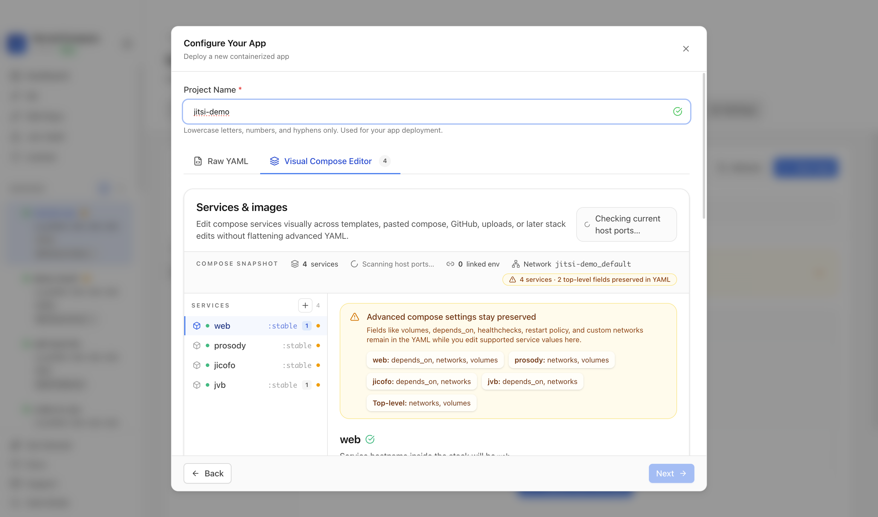 Reviewing Jitsi Meet project settings and compose services