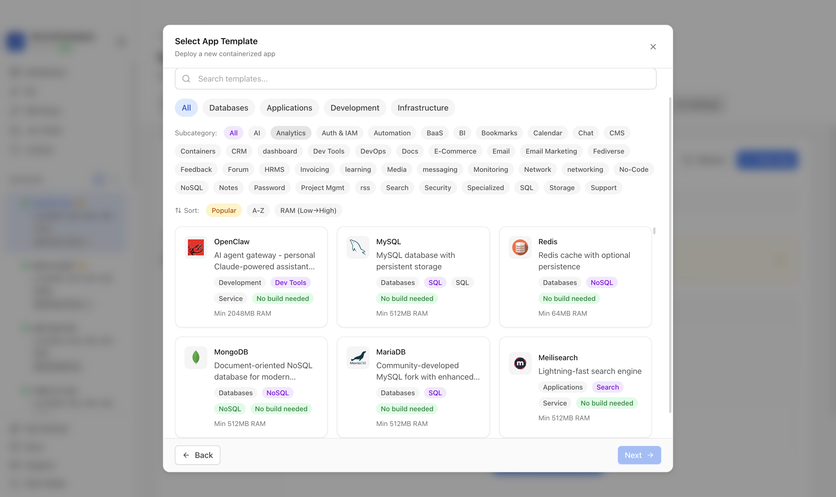 Choosing to deploy an app from a Server Compass template