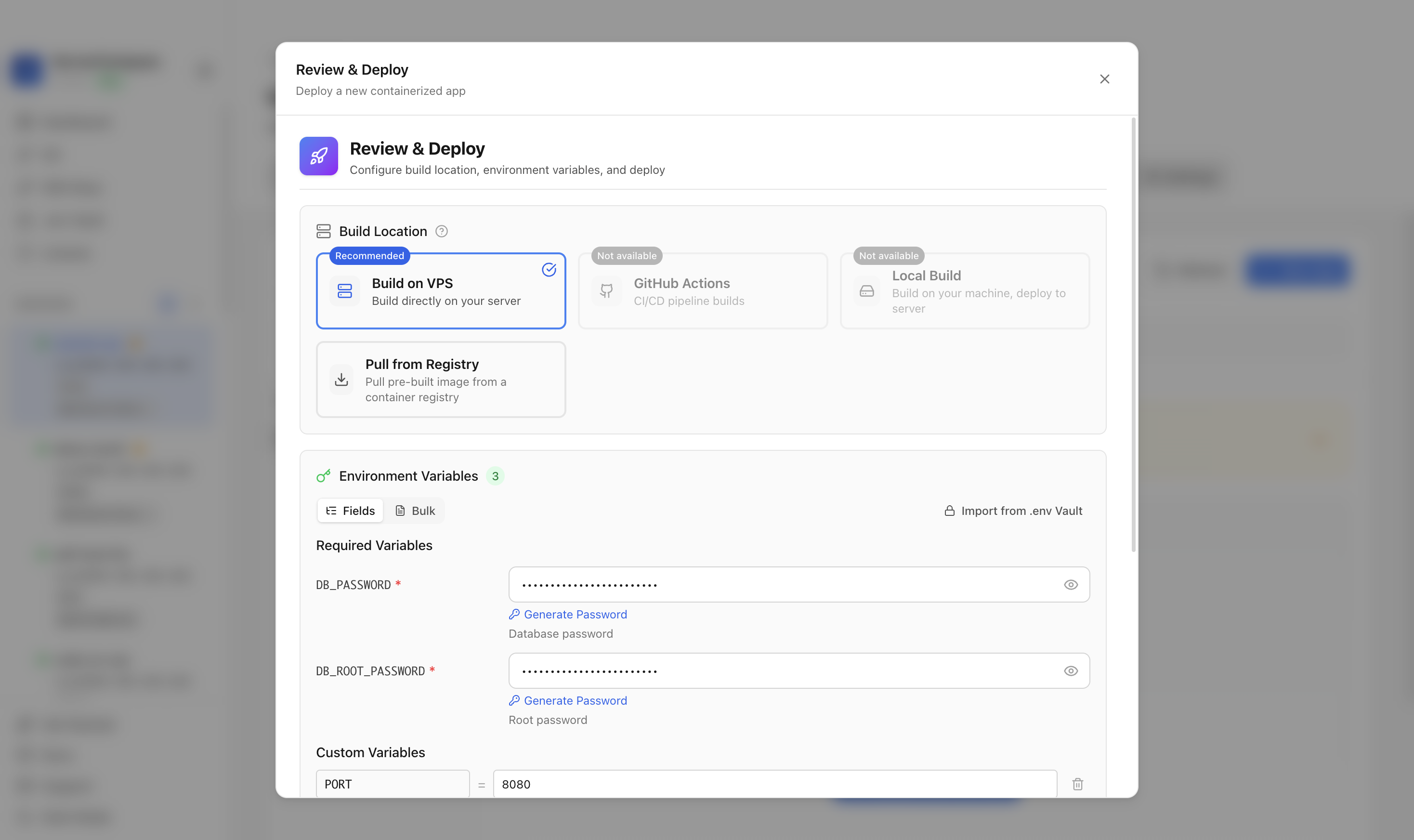 Reviewing Joomla environment variables and port before deployment