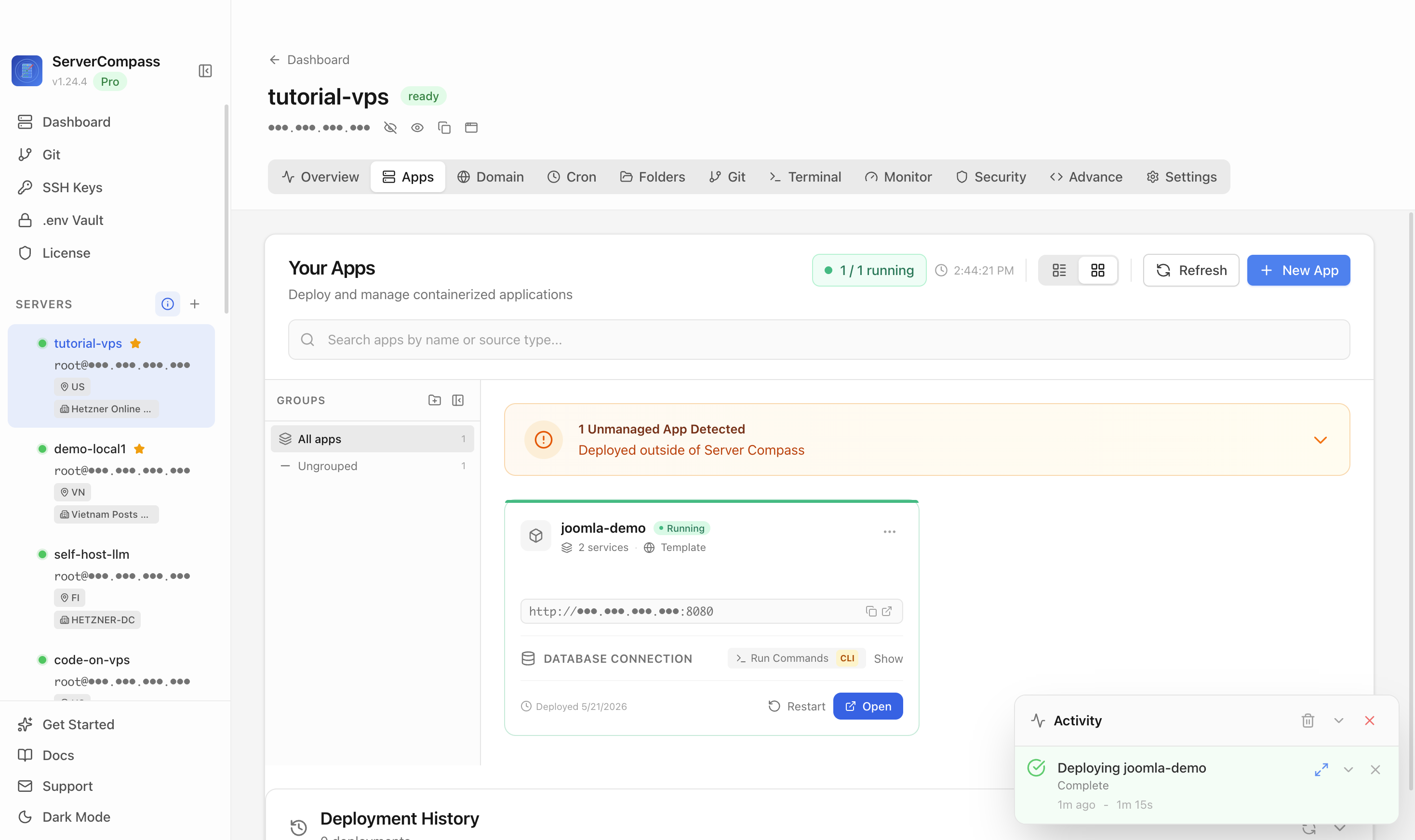 Joomla template running in the Server Compass Apps tab