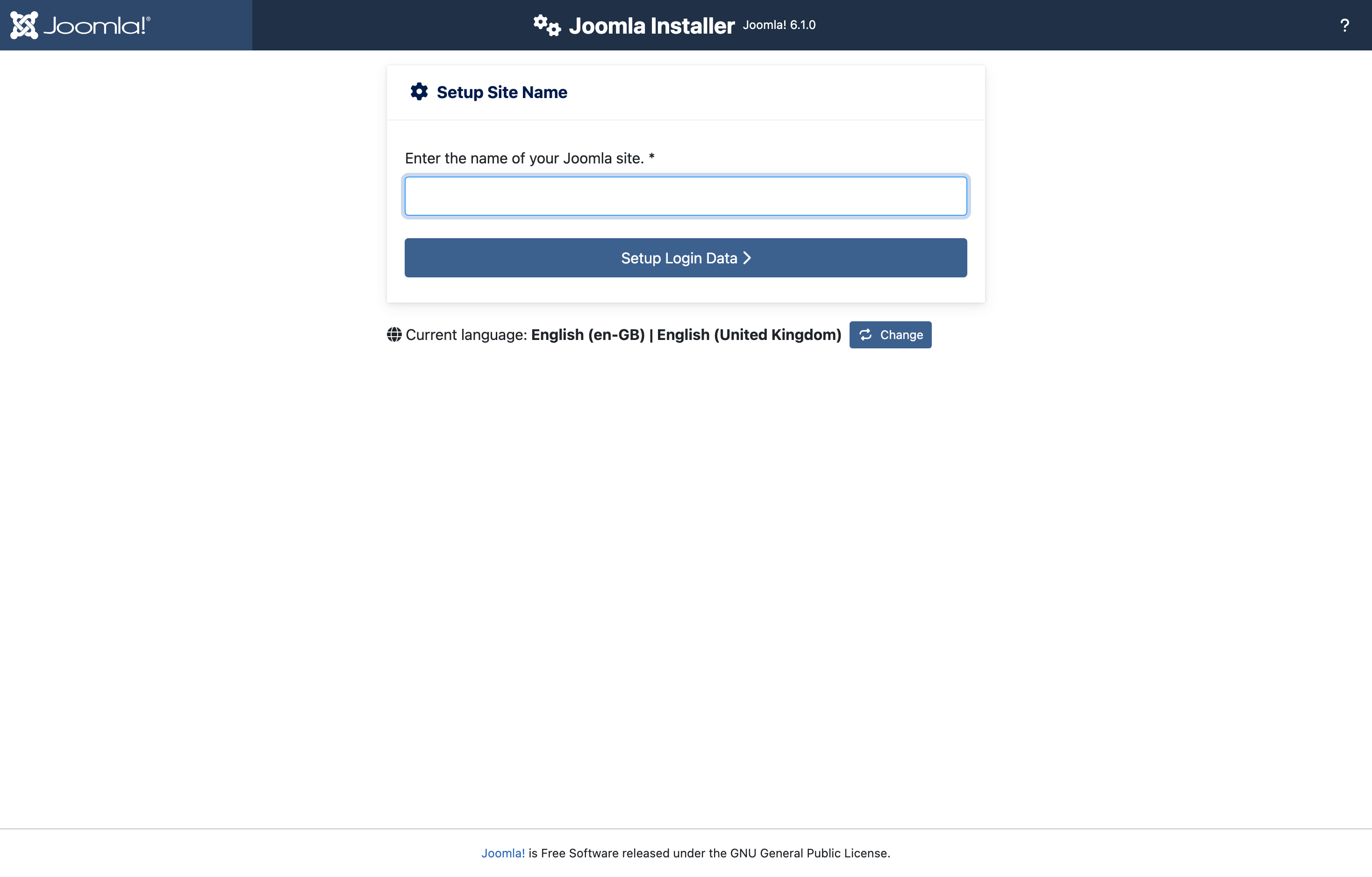 The deployed Joomla install wizard loaded in a browser