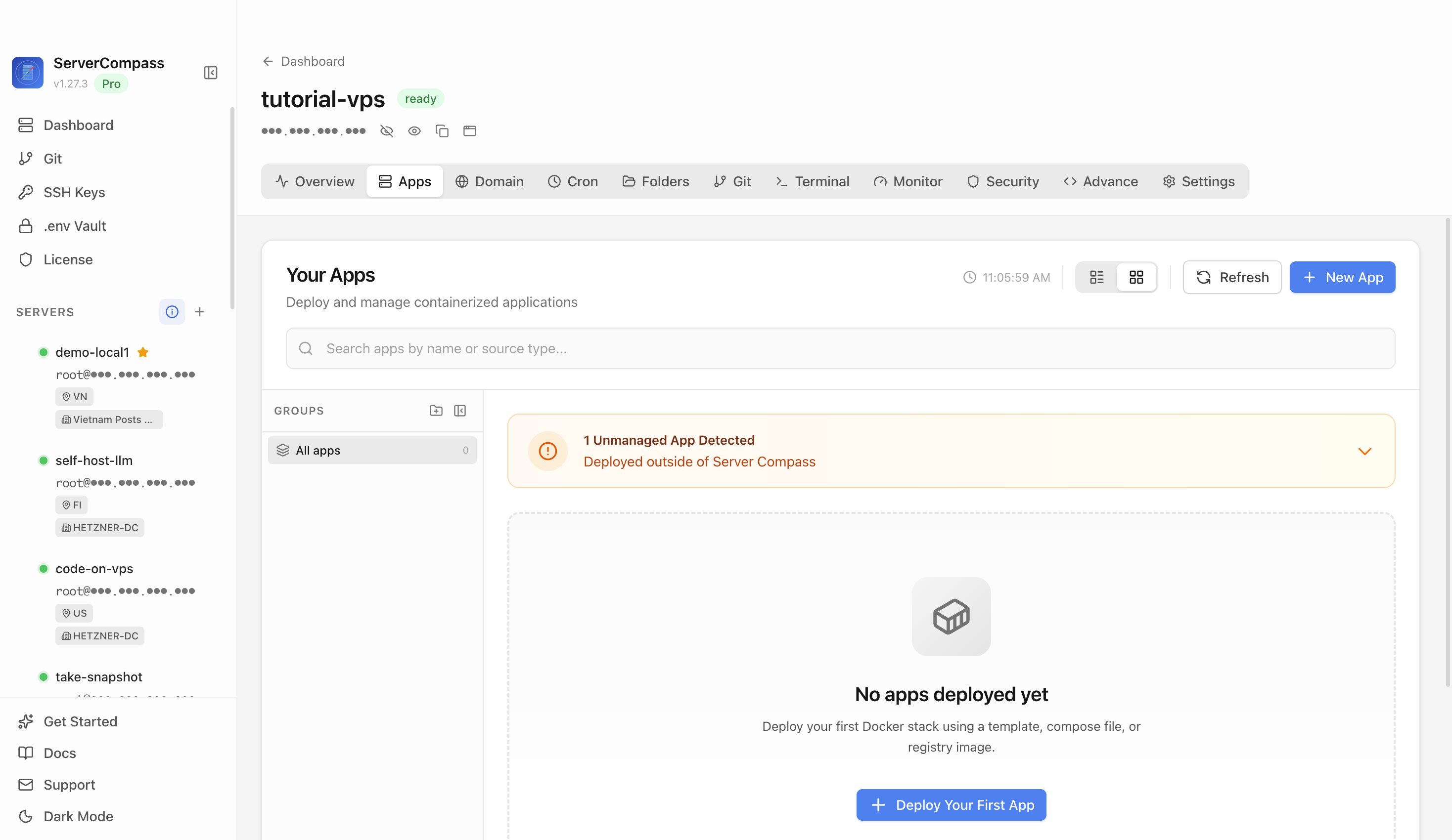 Server Compass Apps tab before creating a Joplin Server app