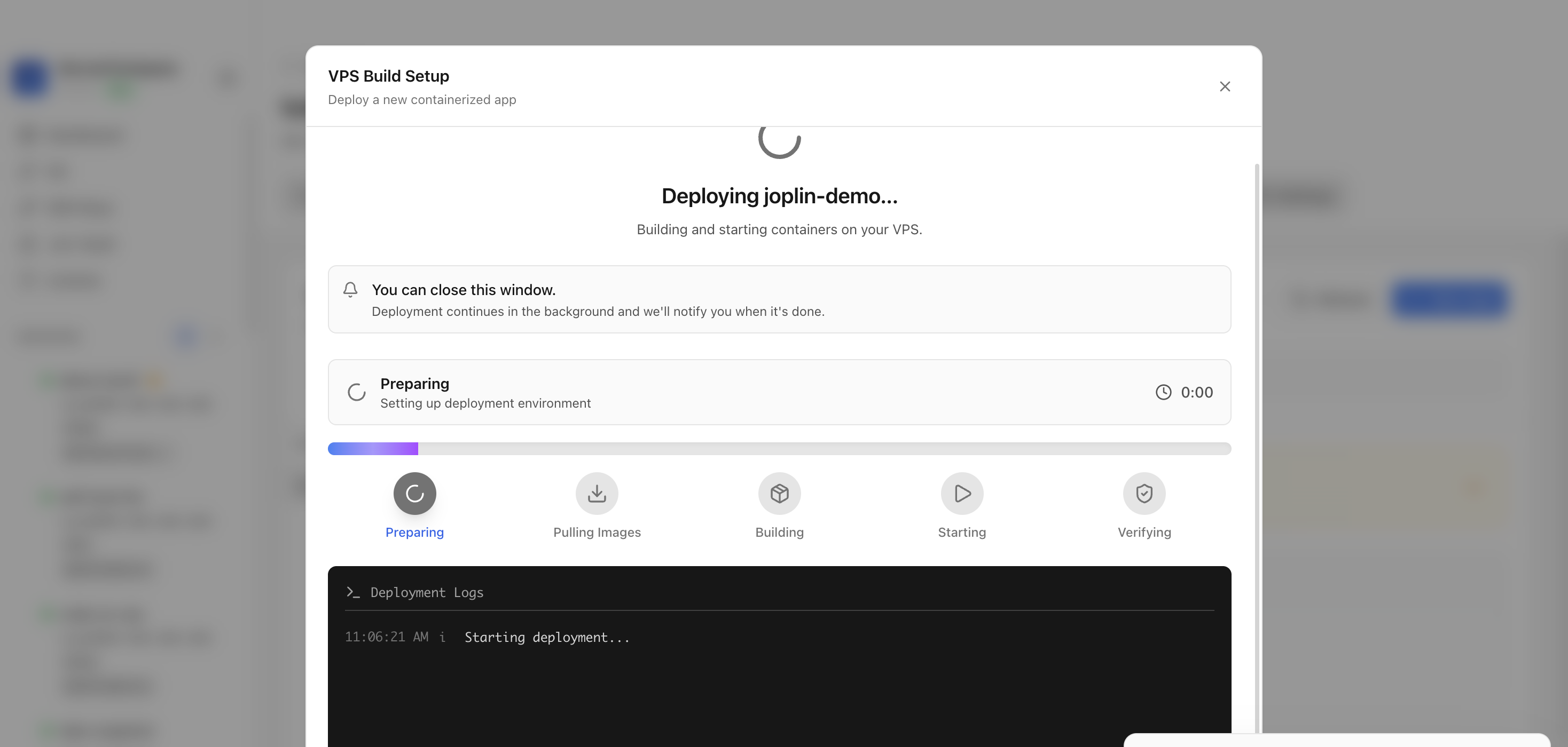 Server Compass deploying the Joplin Server template on the VPS