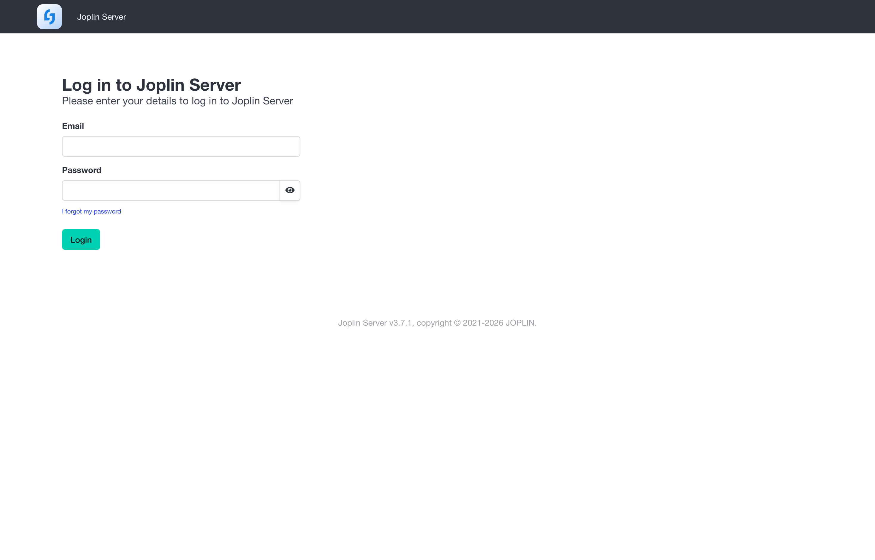 The deployed Joplin Server web UI loaded in a browser