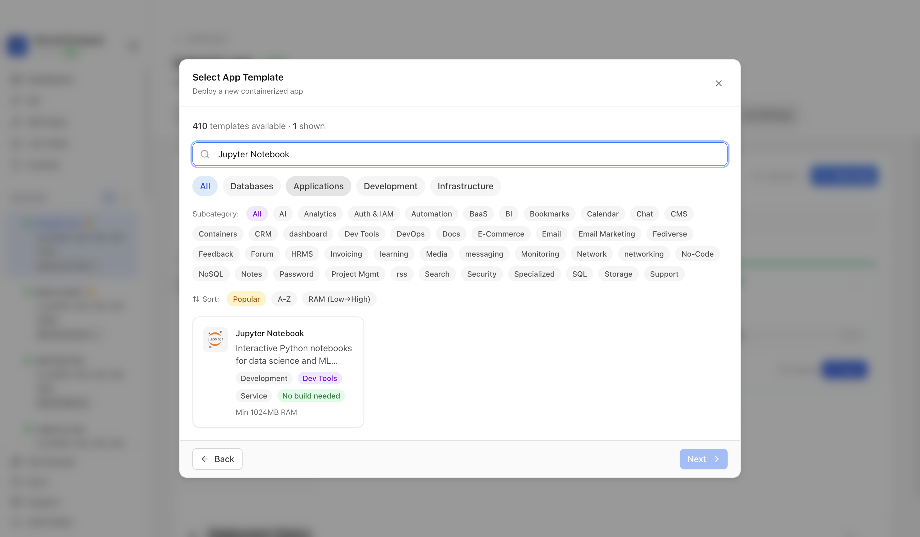 Searching for Jupyter Notebook in the Server Compass template picker