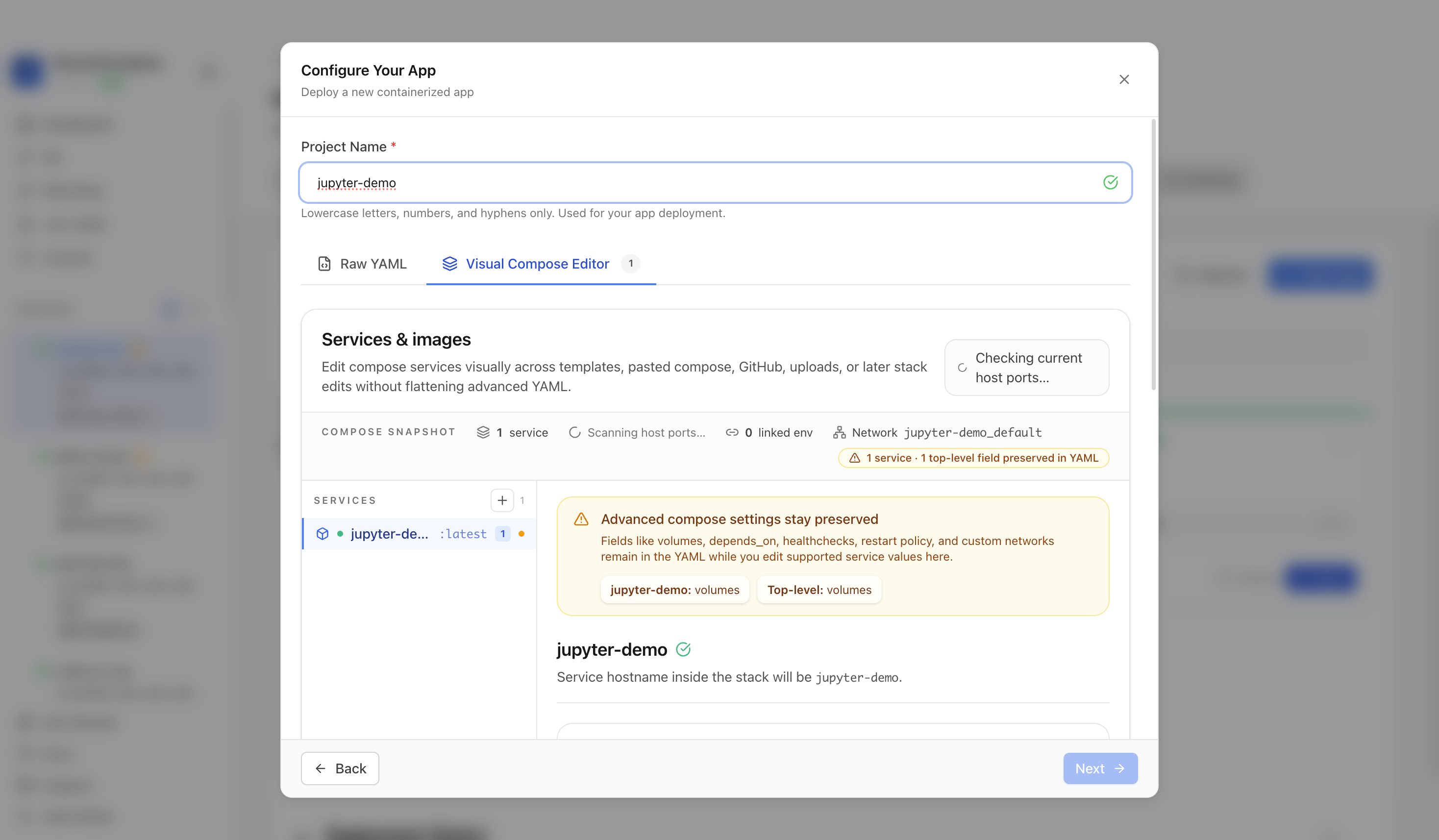 Reviewing Jupyter Notebook project settings and compose services