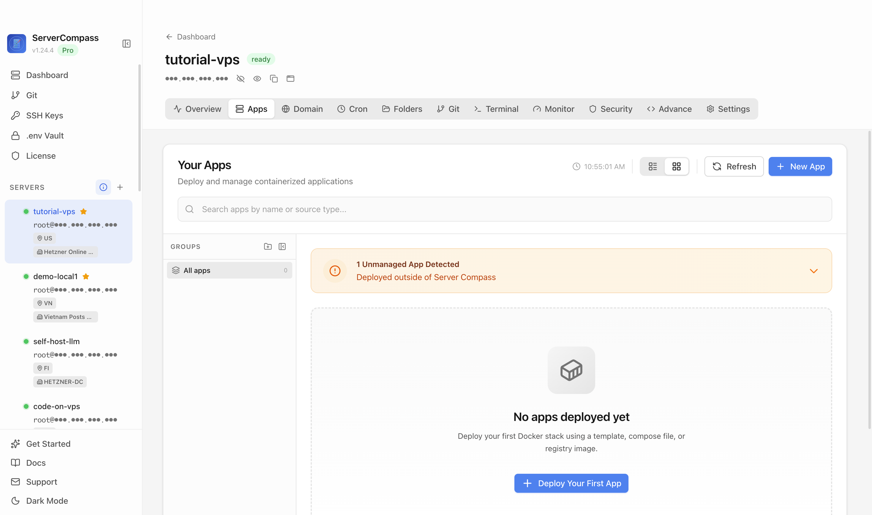 Server Compass Apps tab before creating an Apache Kafka app