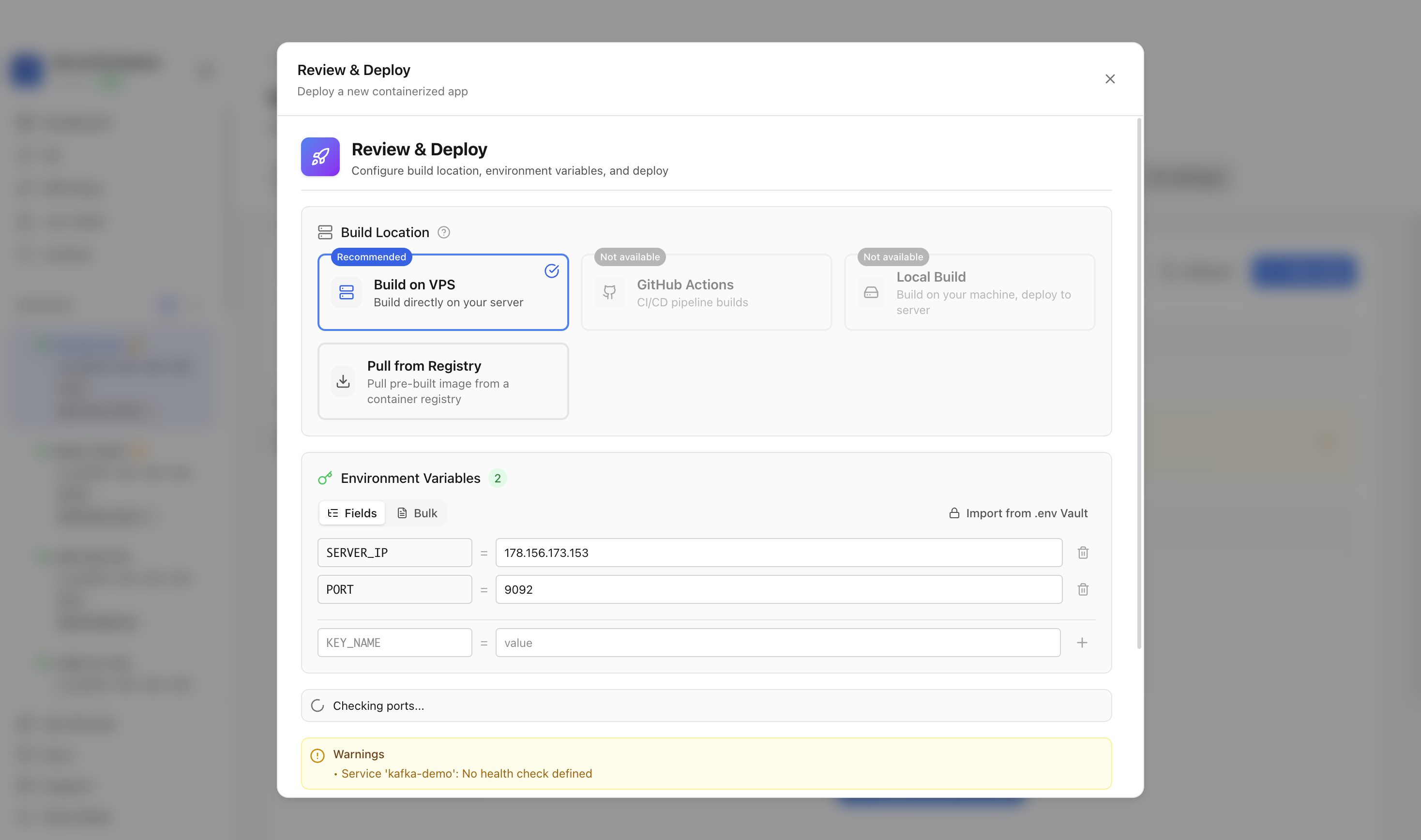 Reviewing Apache Kafka environment variables and port before deployment