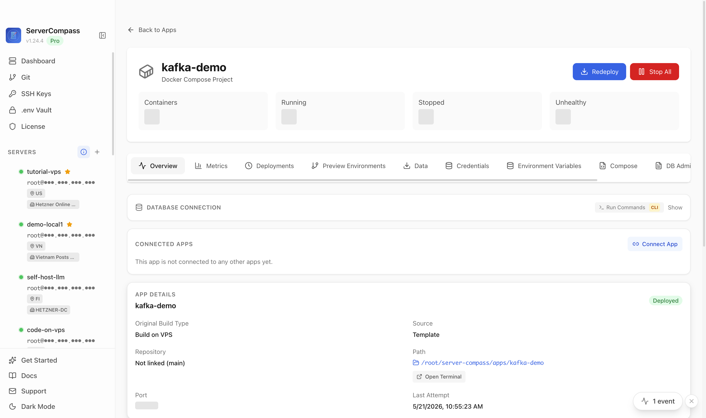 Apache Kafka app detail screen after verifying the deployed event streaming container