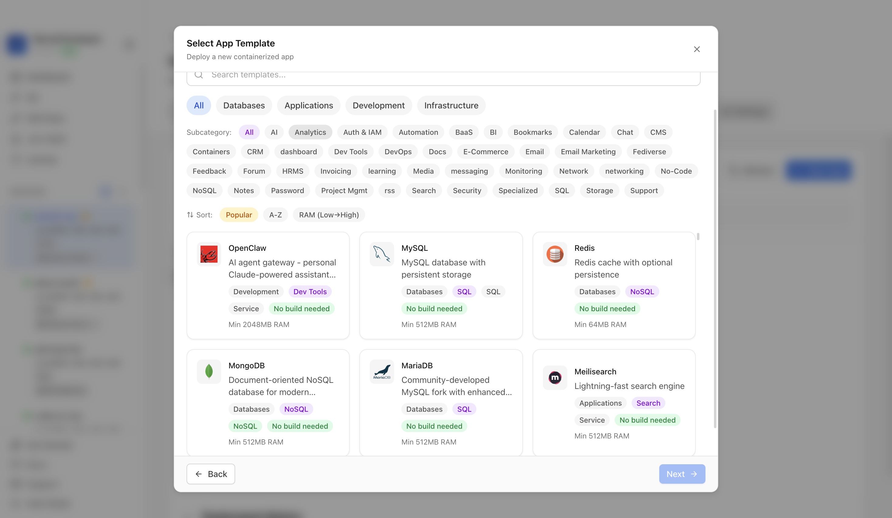 Choosing to deploy an app from a Server Compass template