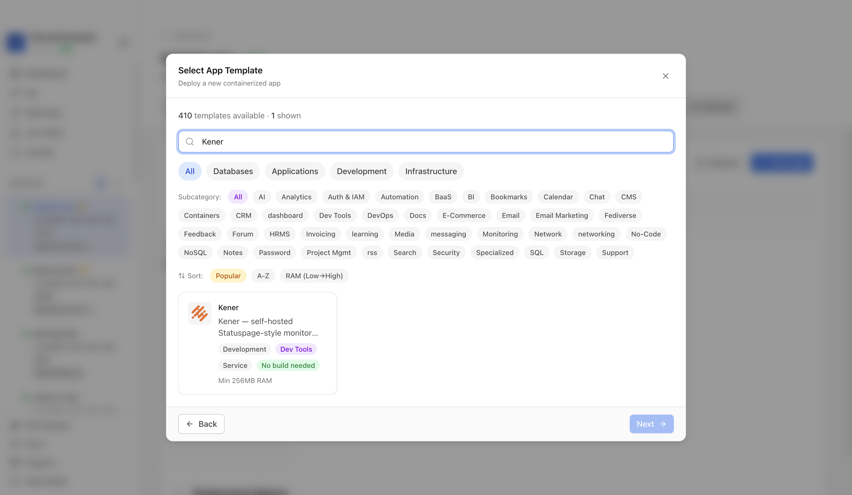 Searching for Kener in the Server Compass template picker
