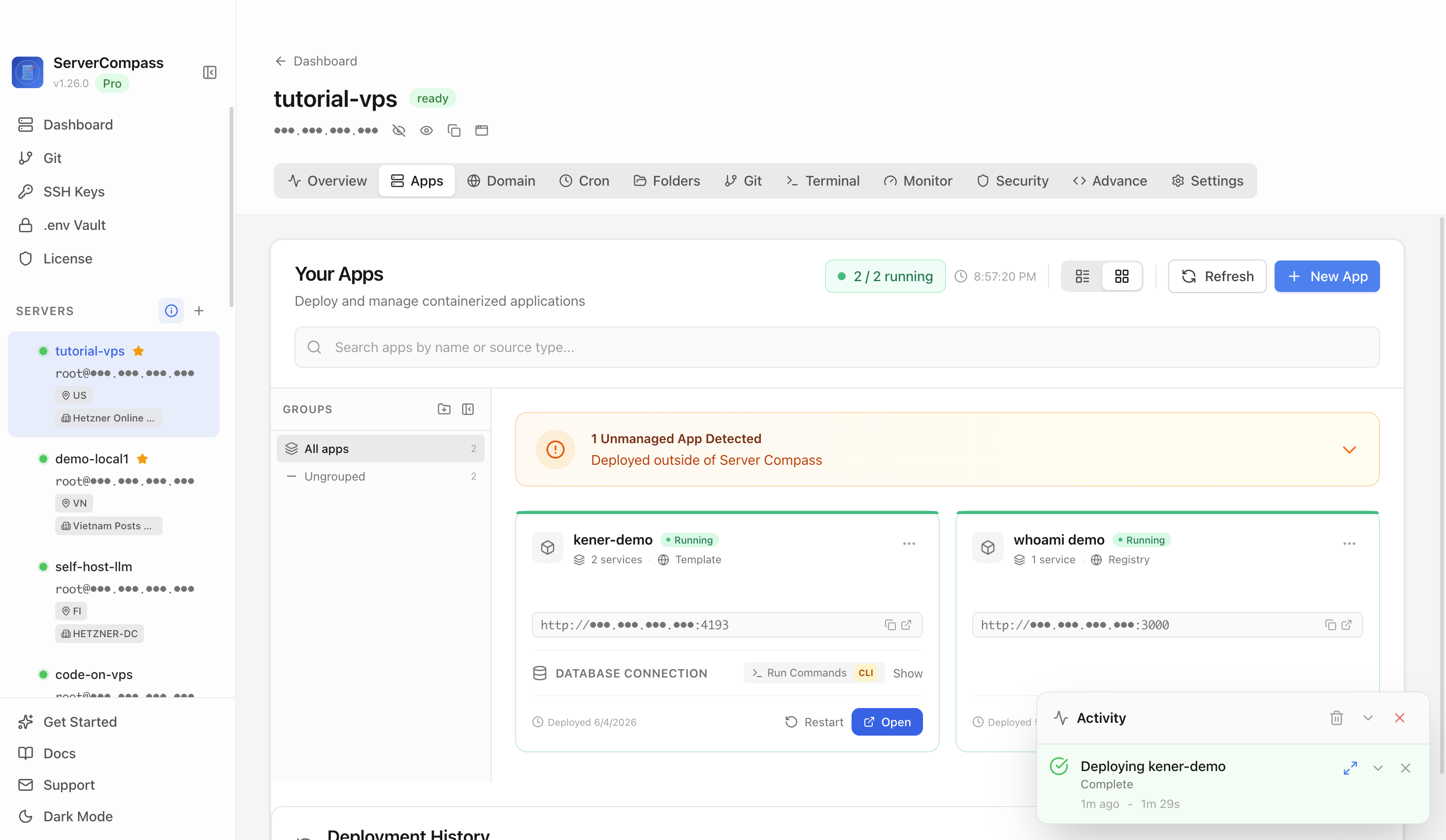 Kener template running in the Server Compass Apps tab