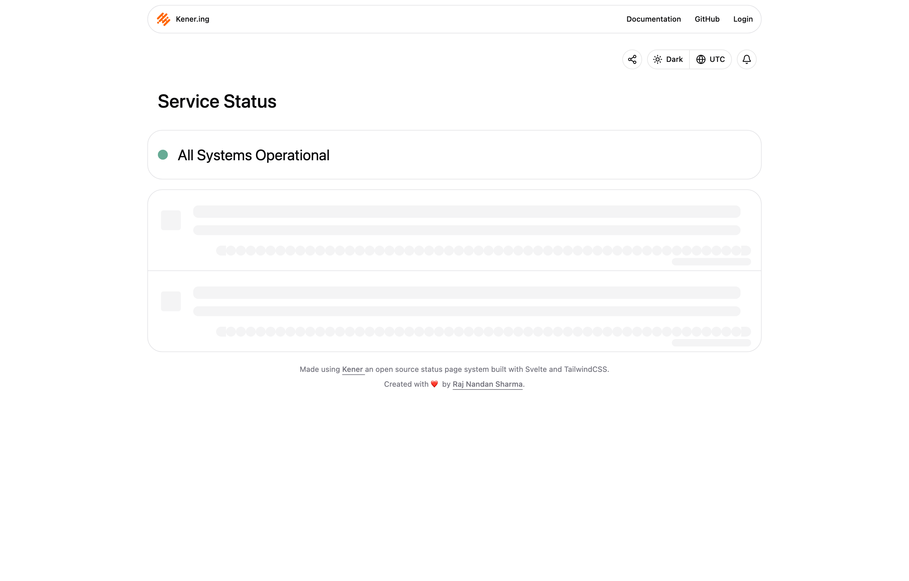 The deployed Kener web UI loaded in a browser