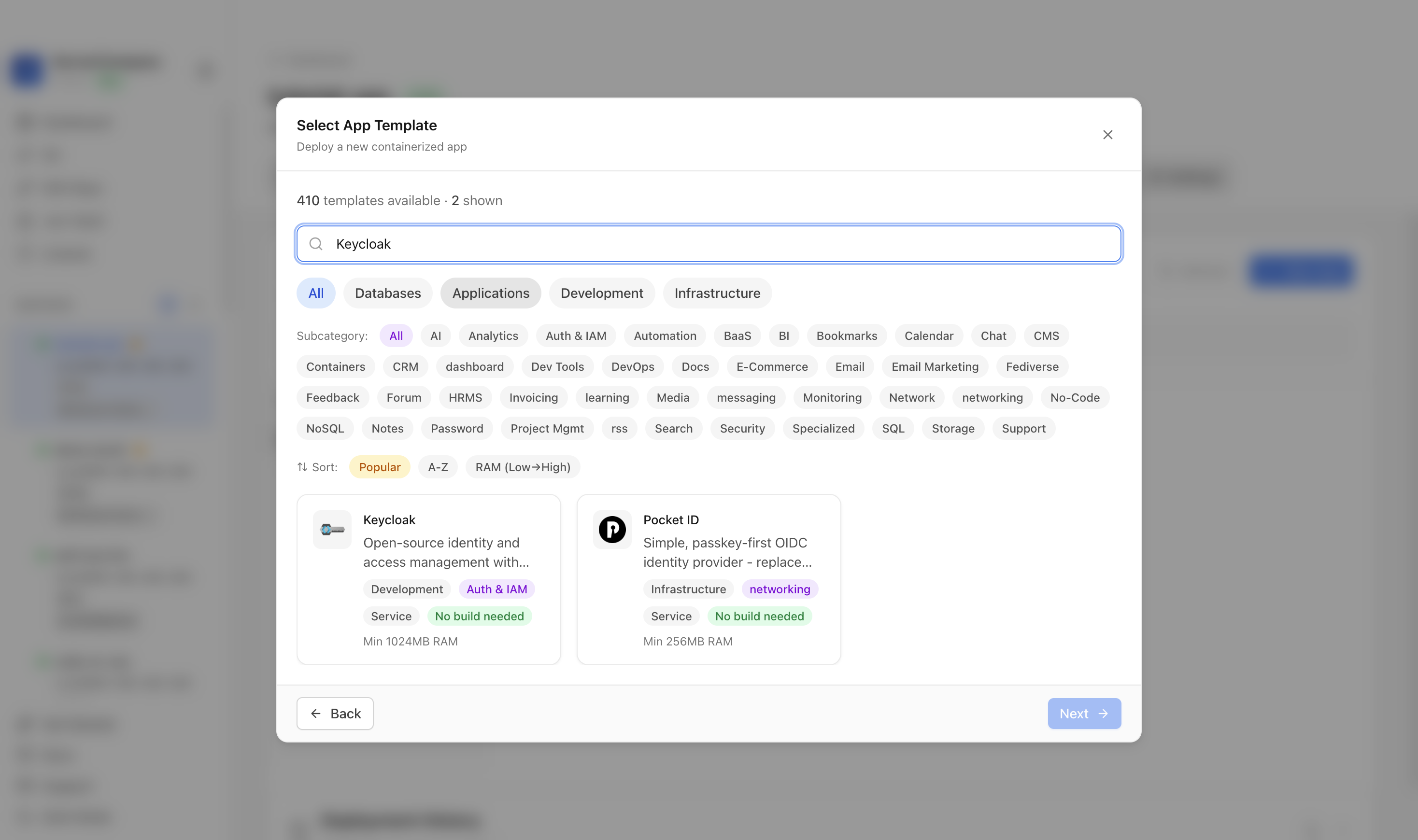 Searching for Keycloak in the Server Compass template picker