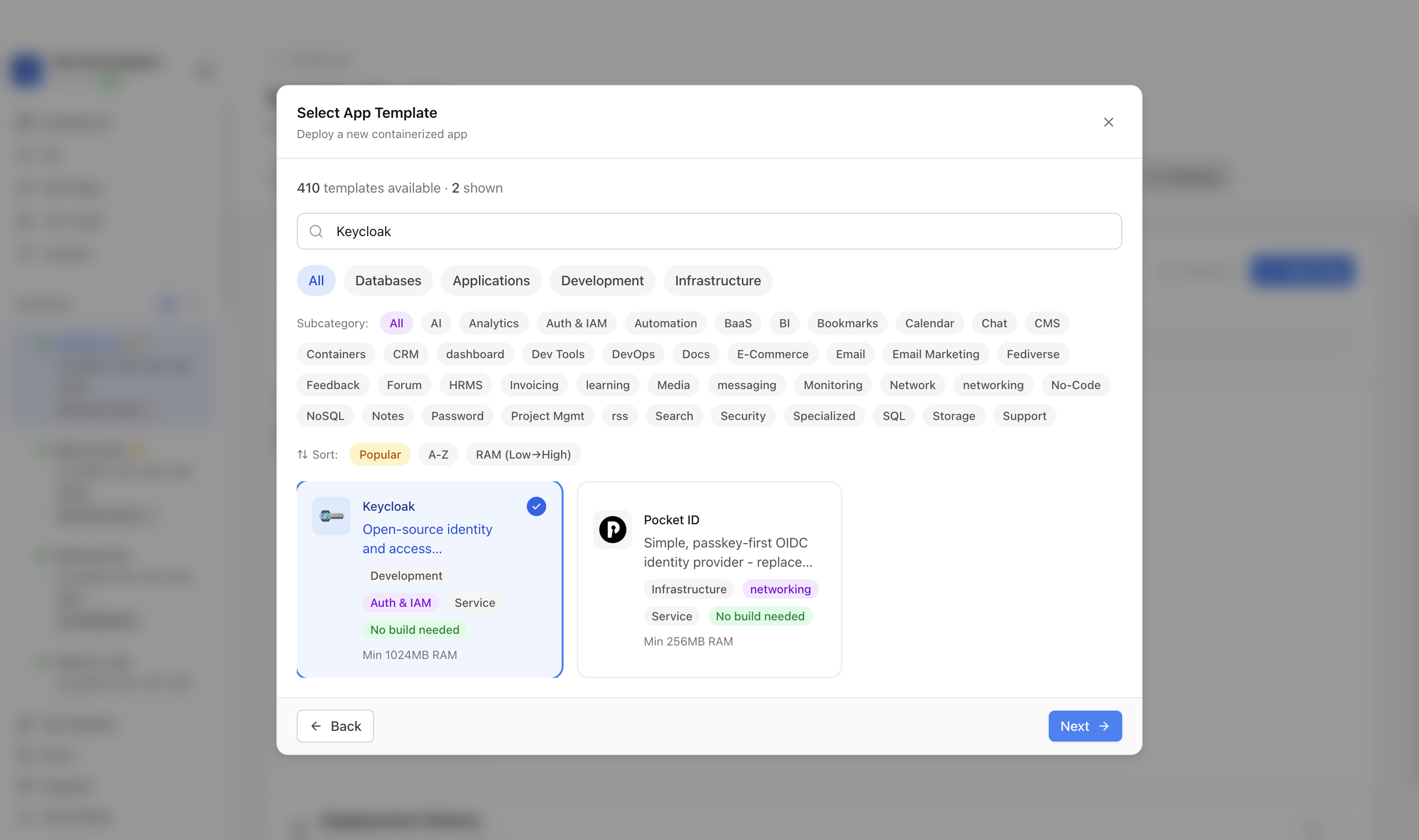 Keycloak template selected in Server Compass