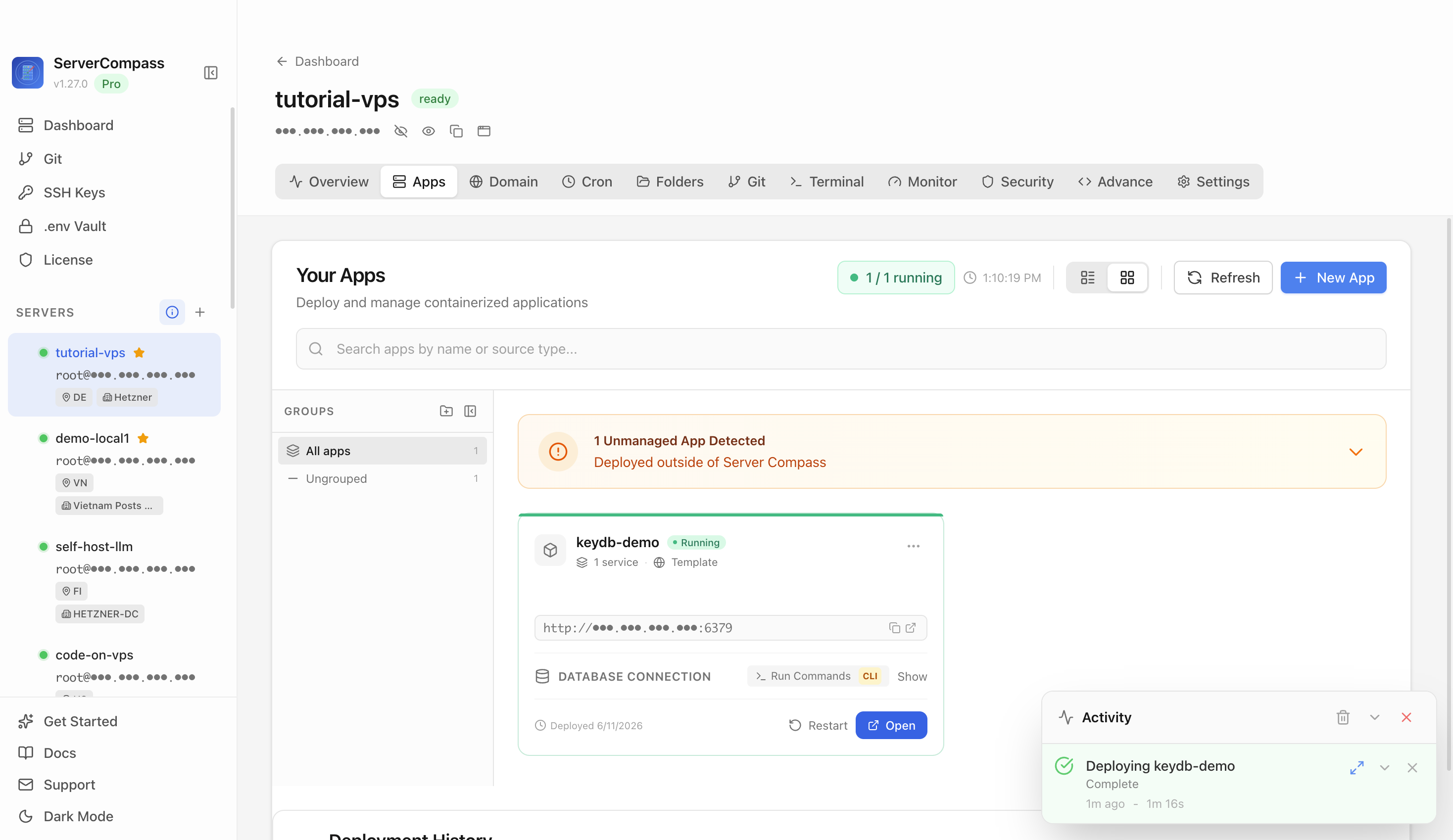 KeyDB template running in the Server Compass Apps tab