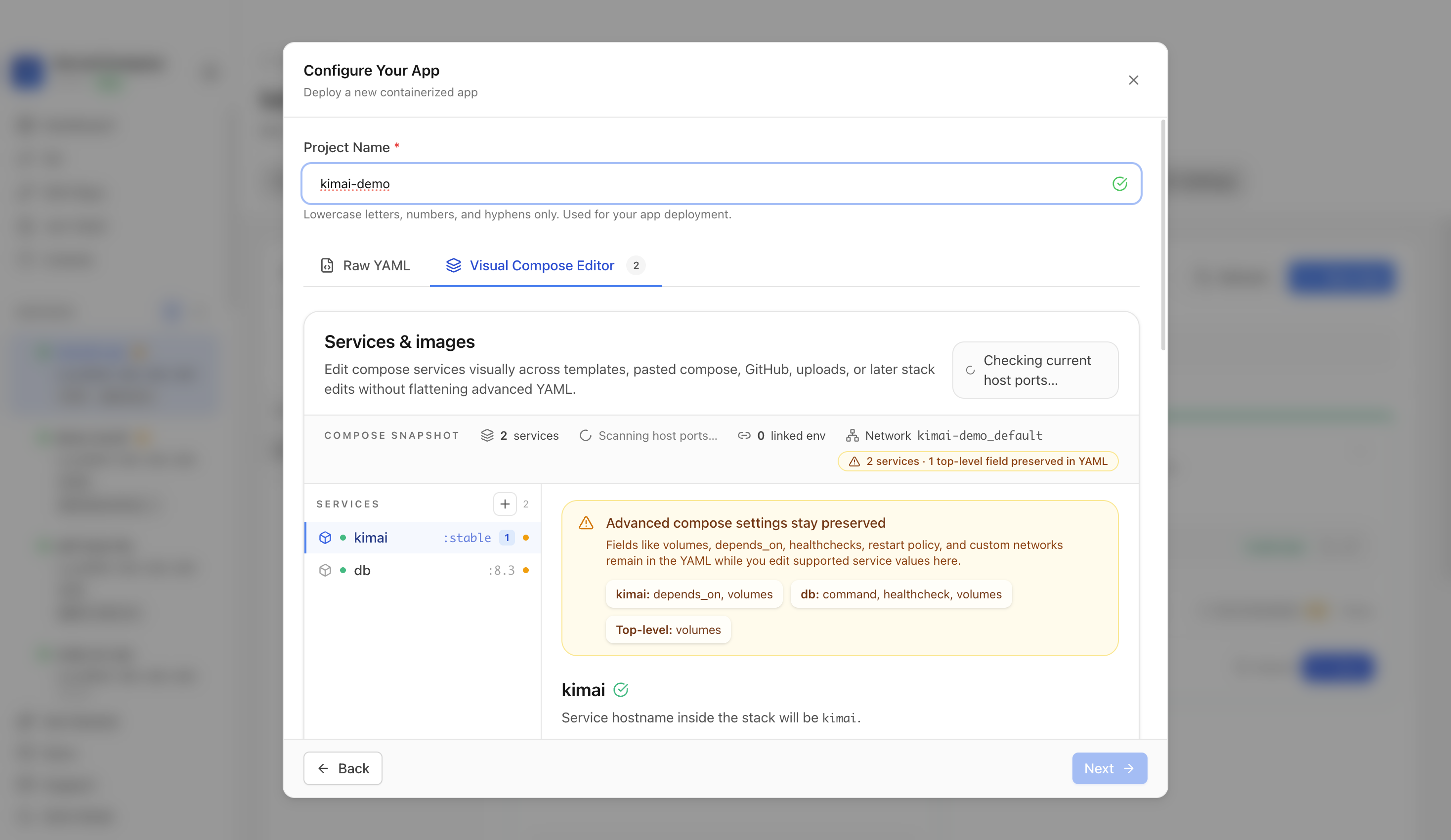 Reviewing Kimai project settings and compose services
