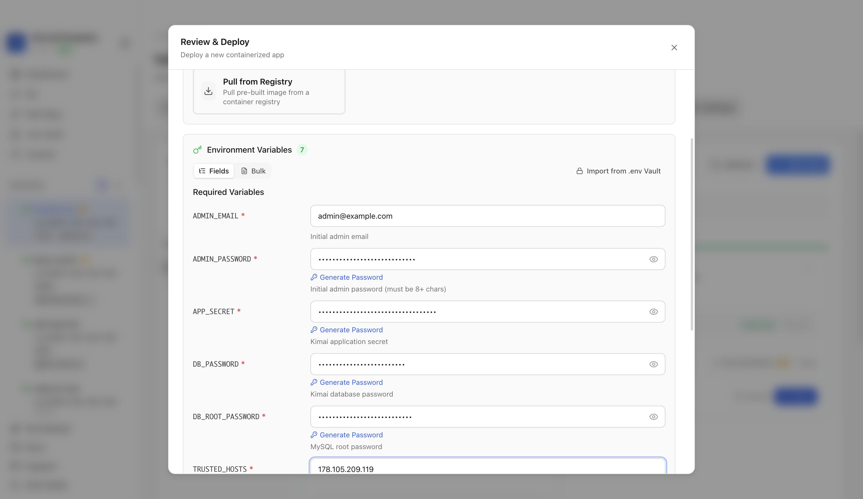 Reviewing Kimai environment variables and port before deployment