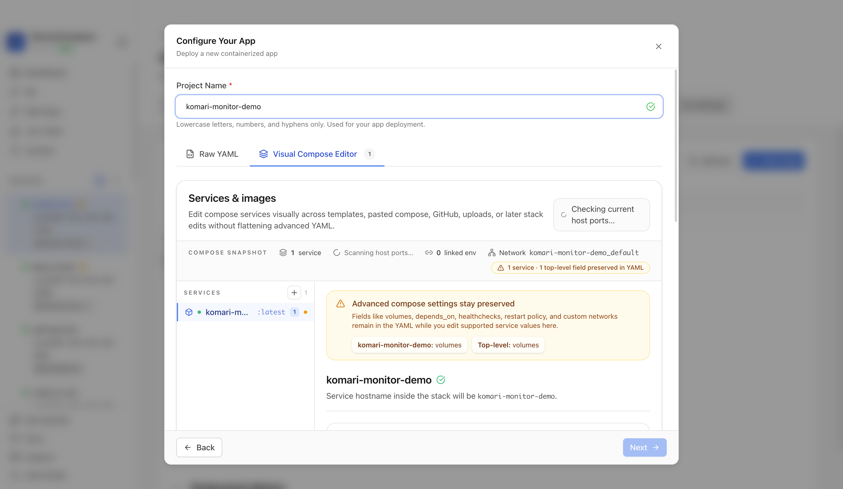 Reviewing Komari Monitor project settings and compose service