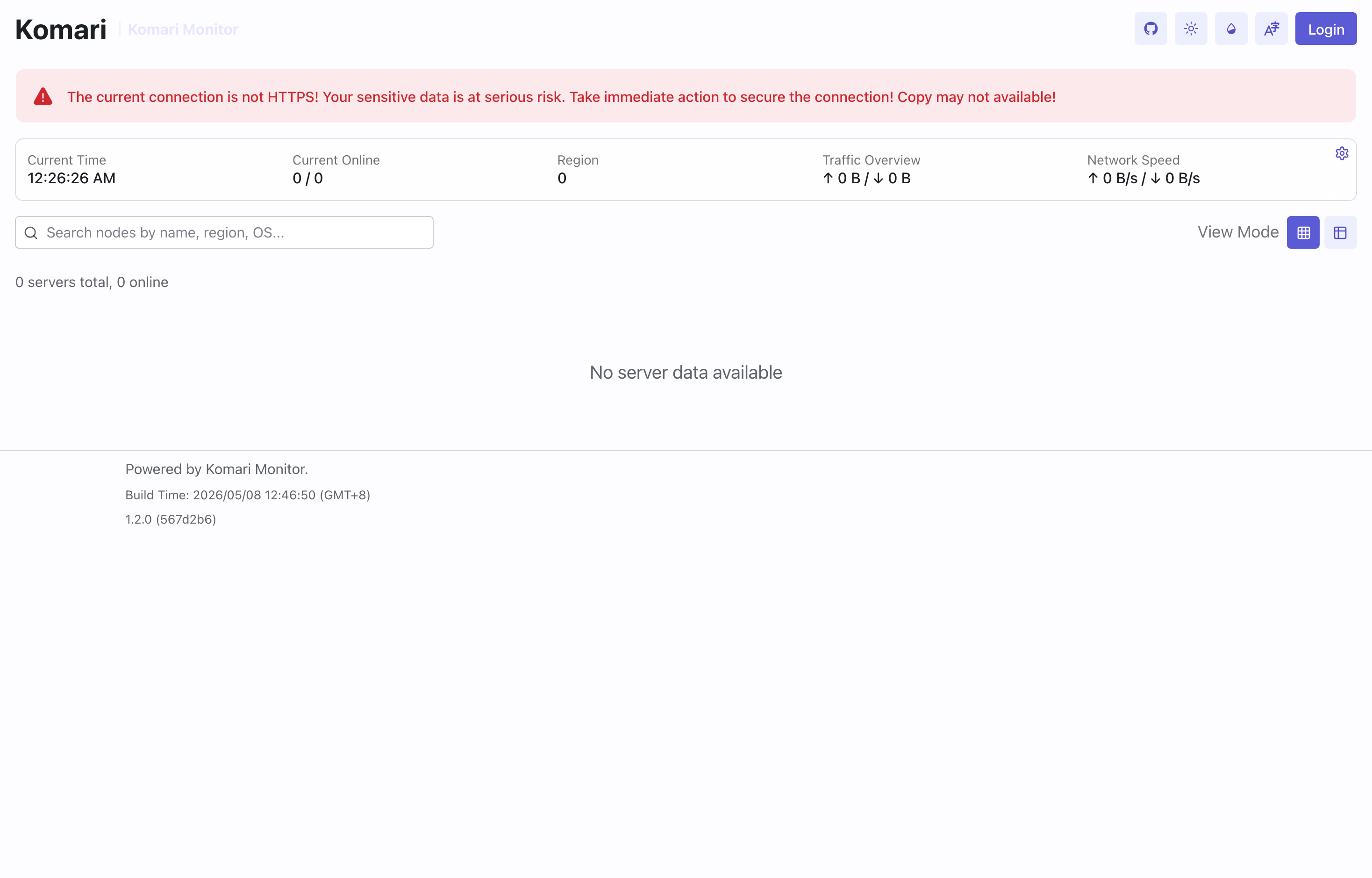 The deployed Komari Monitor web UI loaded in a browser