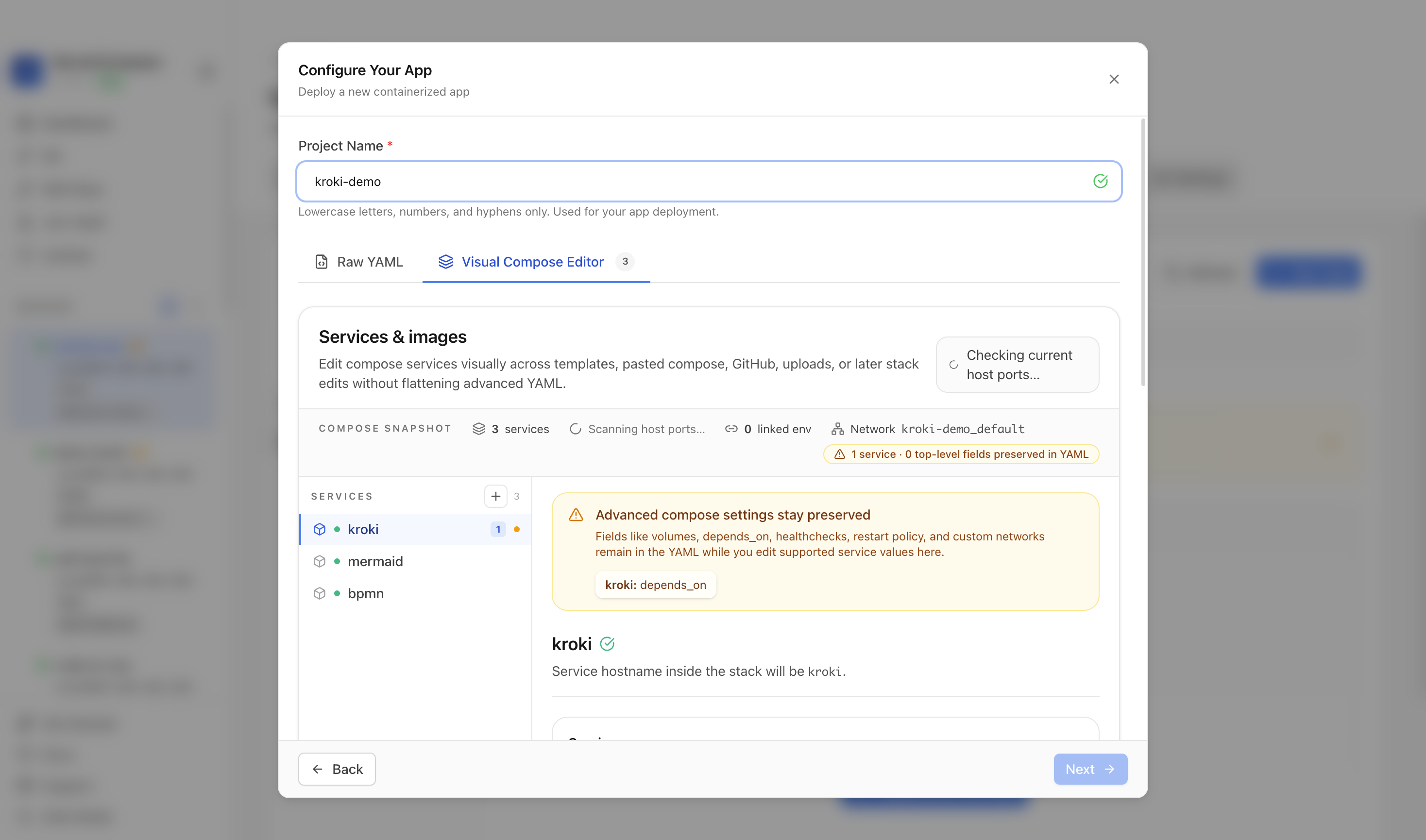 Reviewing Kroki project settings and compose services