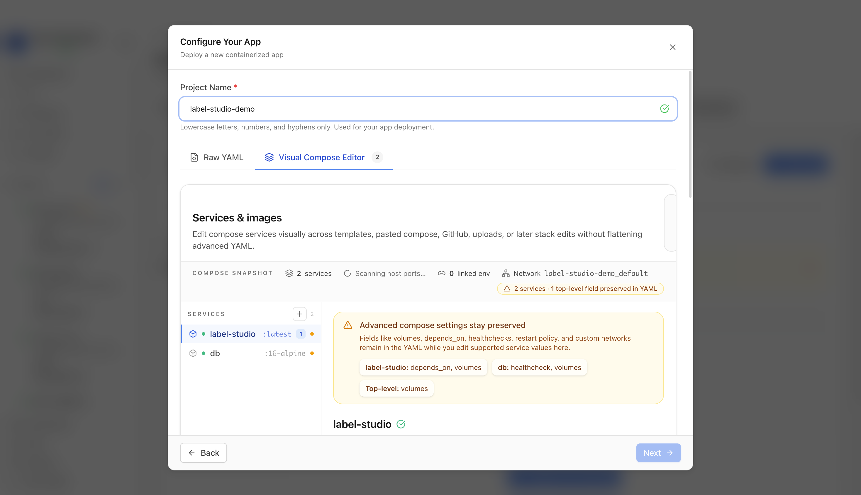 Reviewing Label Studio project settings and compose services