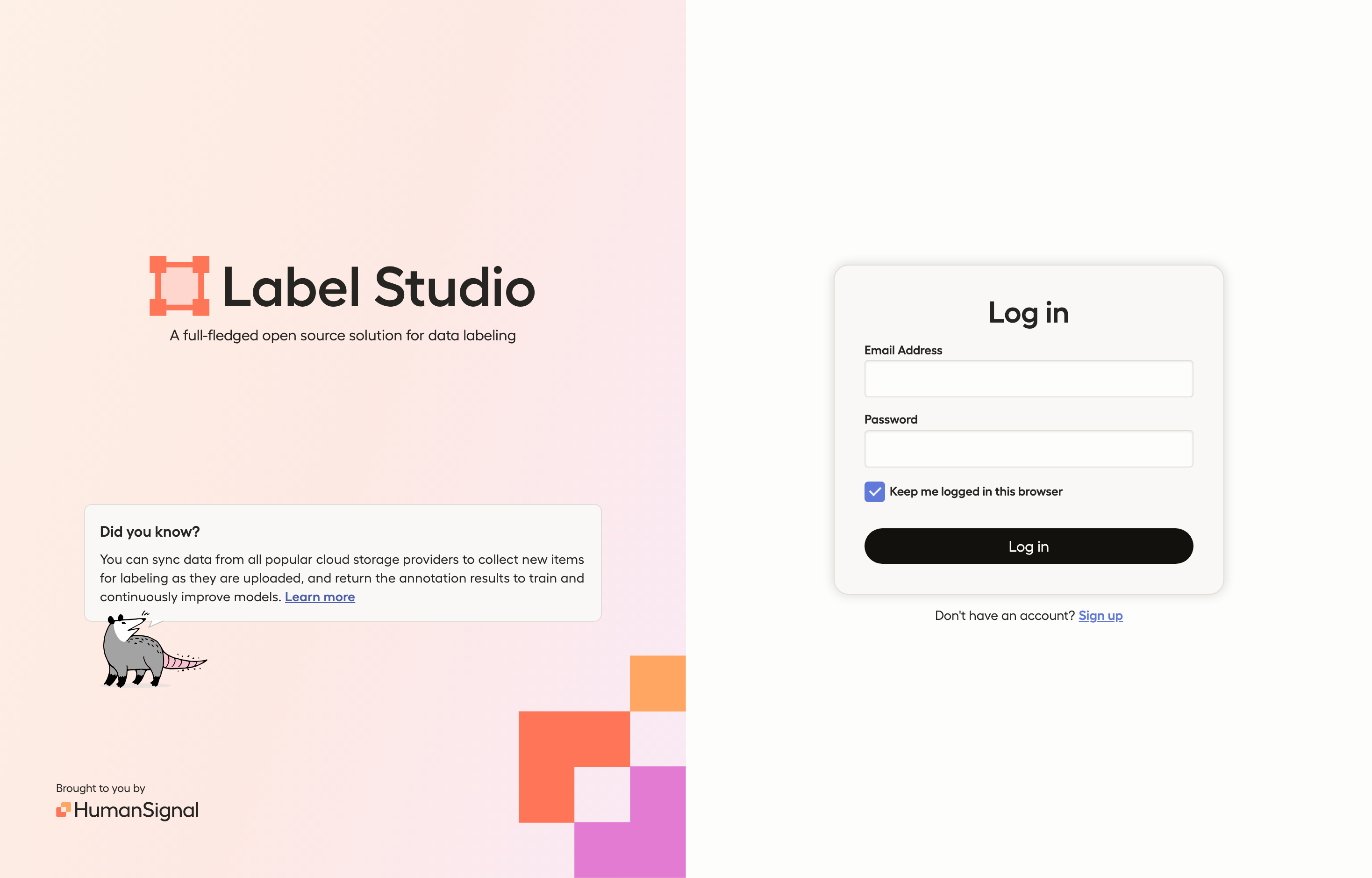 The deployed Label Studio login screen loaded in a browser