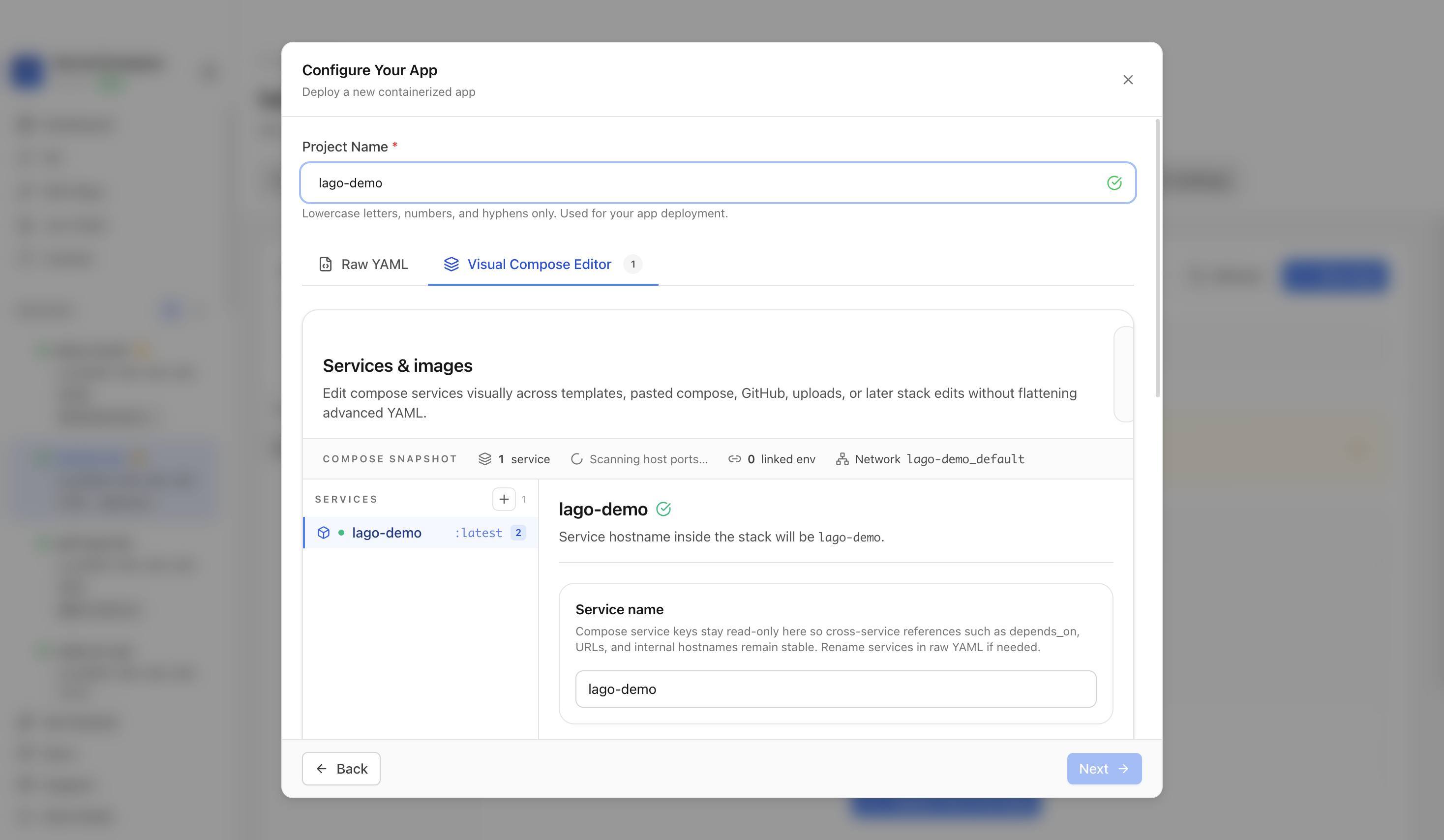Reviewing Lago project settings and compose services